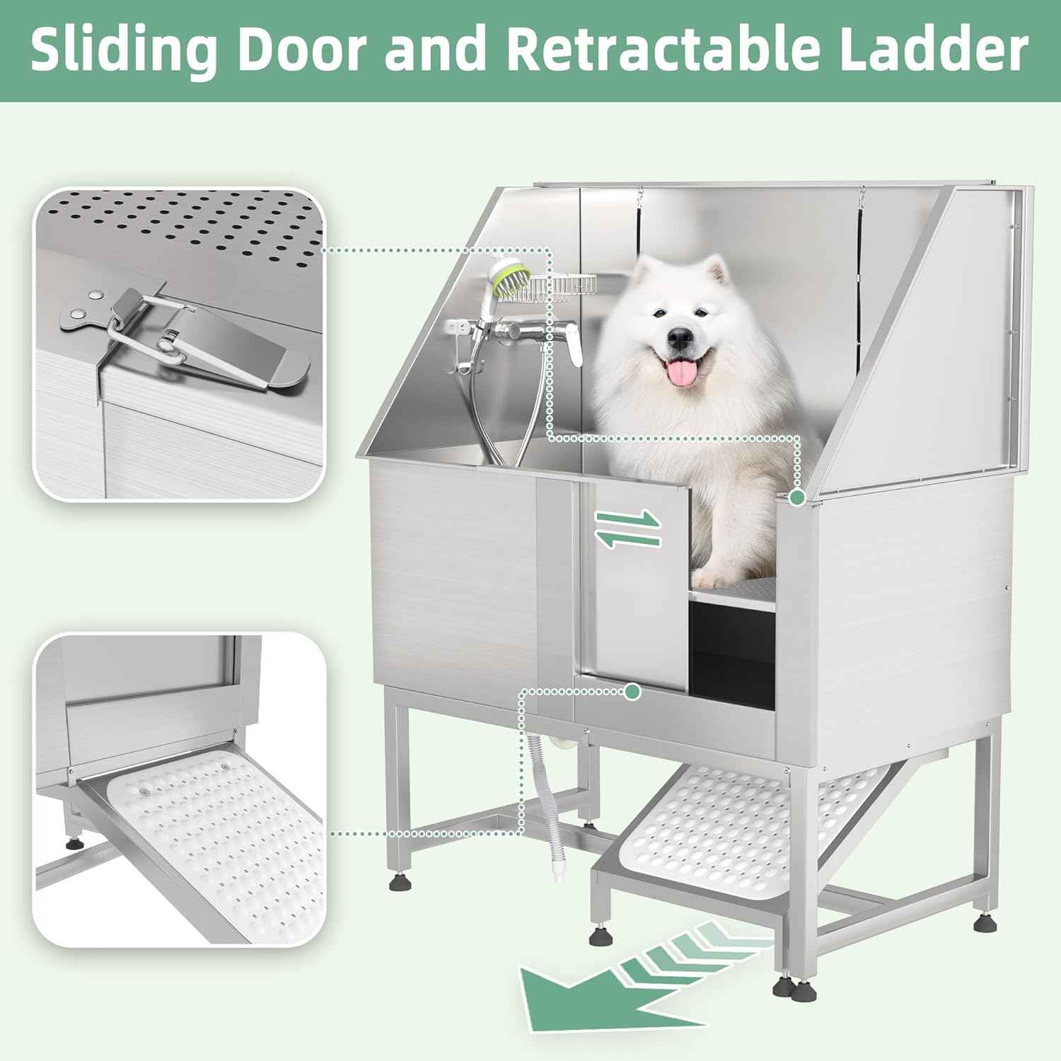 Professional Stainless Steel Dog Washing Station for Large, Medium, and Small Dogs, Height Adjustable Dog Bathtub with Ramp, Pet Grooming Bath Tub for Indoor Outdoor, Right Door