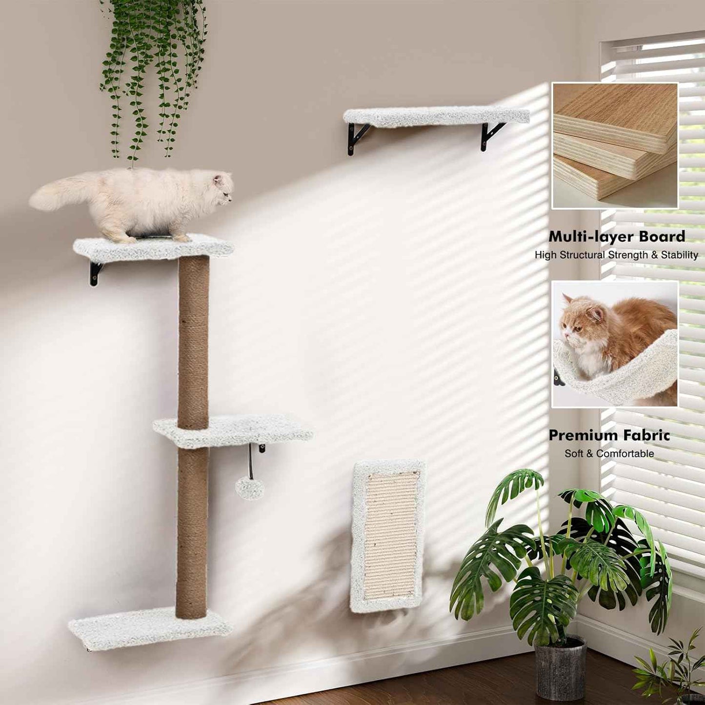 5-in-1 Cat Wall Shelves, Multi-Level Cat Climbing Furniture, Perch & Lounge for Indoor Cats, Space-Saving Wall Mounted Shelves for Play & Rest (Natural Wood) - White