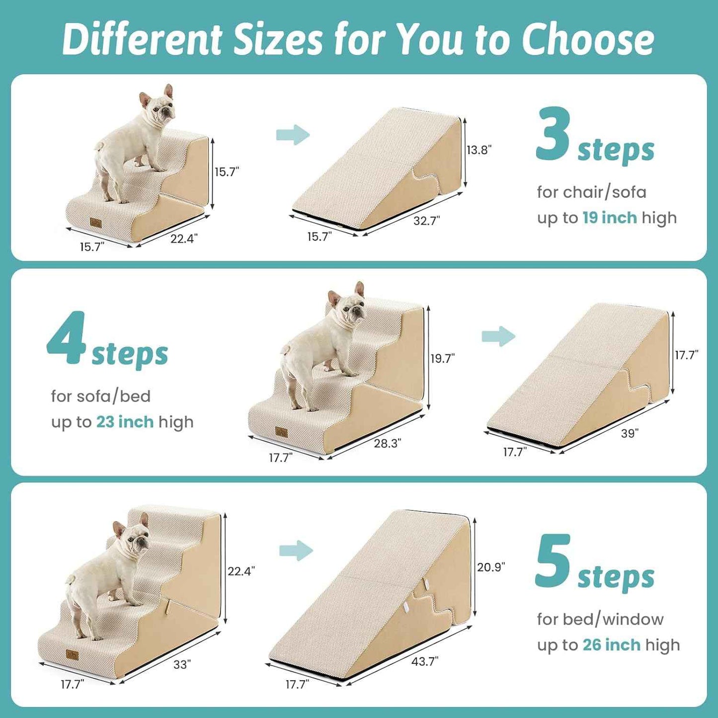 COZY KISS Dog Stairs for Small Dogs, 3-Step 2 in 1 Transformable Pet Stairs for Couch and Bed, 15.7" H Dog Steps for Old Cats, Puppy, Small Dogs (Beige, 15.7x22.4x15.7 in, 3.0)