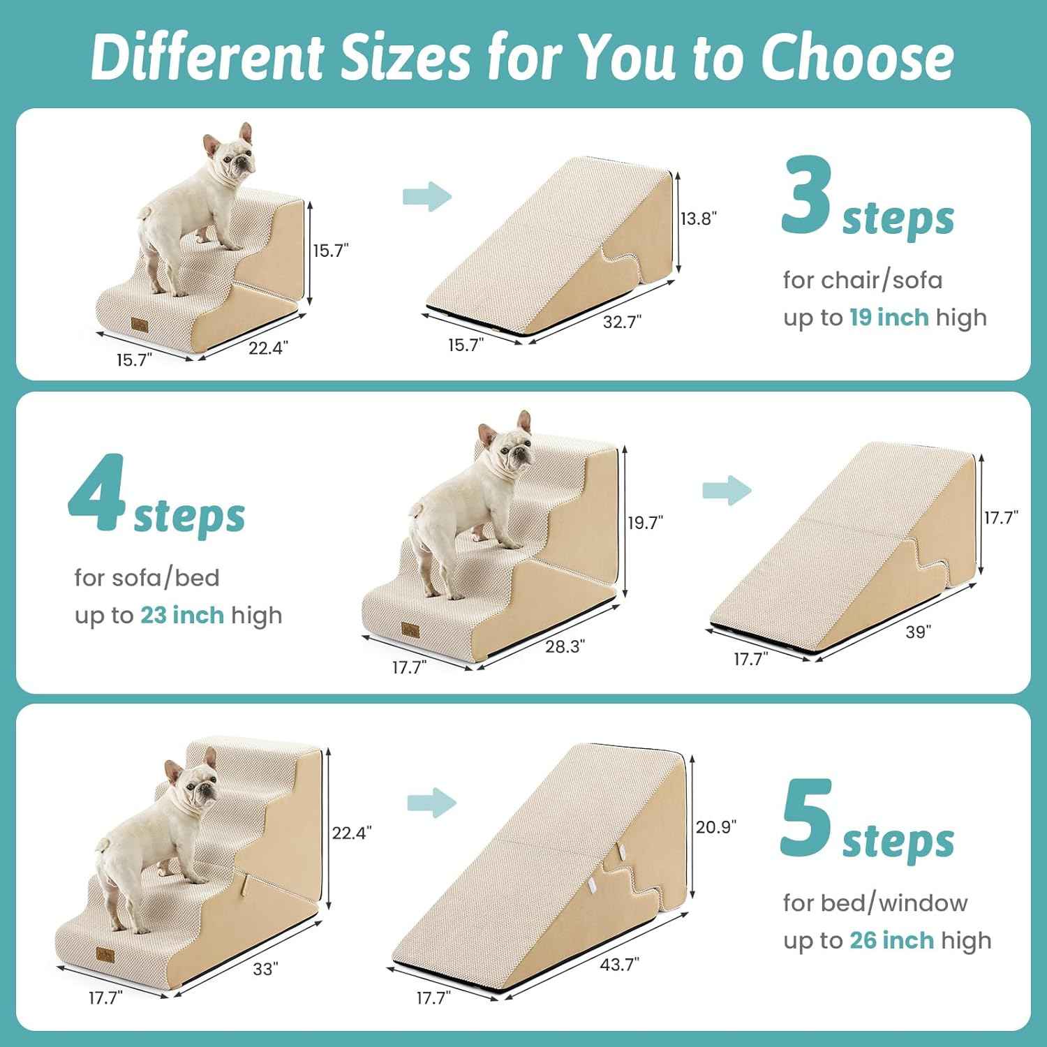 COZY KISS Dog Stairs for Small Dogs, 3-Step 2 in 1 Transformable Pet Stairs for Couch and Bed, 15.7" H Dog Steps for Old Cats, Puppy, Small Dogs (Beige, 15.7x22.4x15.7 in, 3.0)