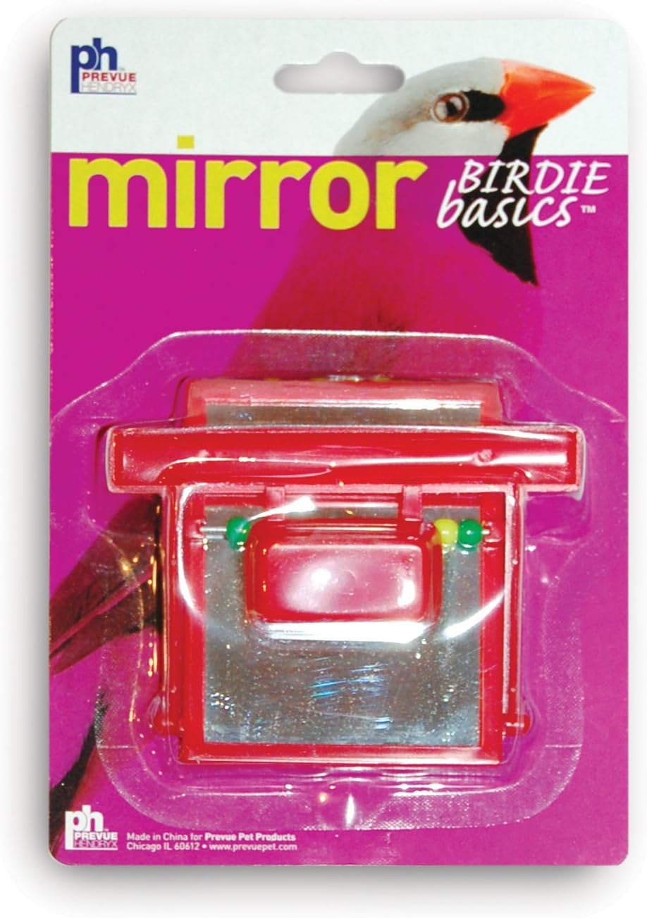 Prevue Hendryx Birdie Basics Perch Mirror with Beads Bird Toy, 4" x 3.5" (60424), Red (Package May Vary)