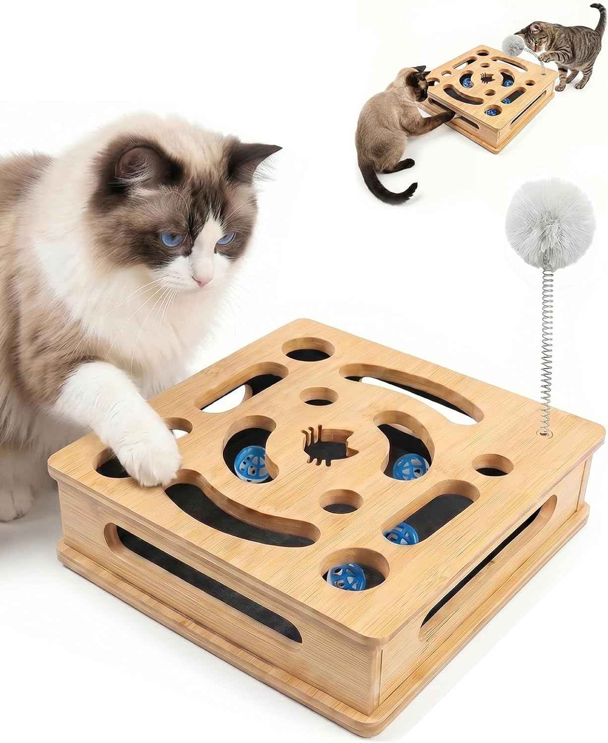 Cat Nail File Scratcher Enrichment Box, Thickened Bamboo Wooden Claw Saver Box for Cats, Scratch Puzzle Box with Sandpaper Inside