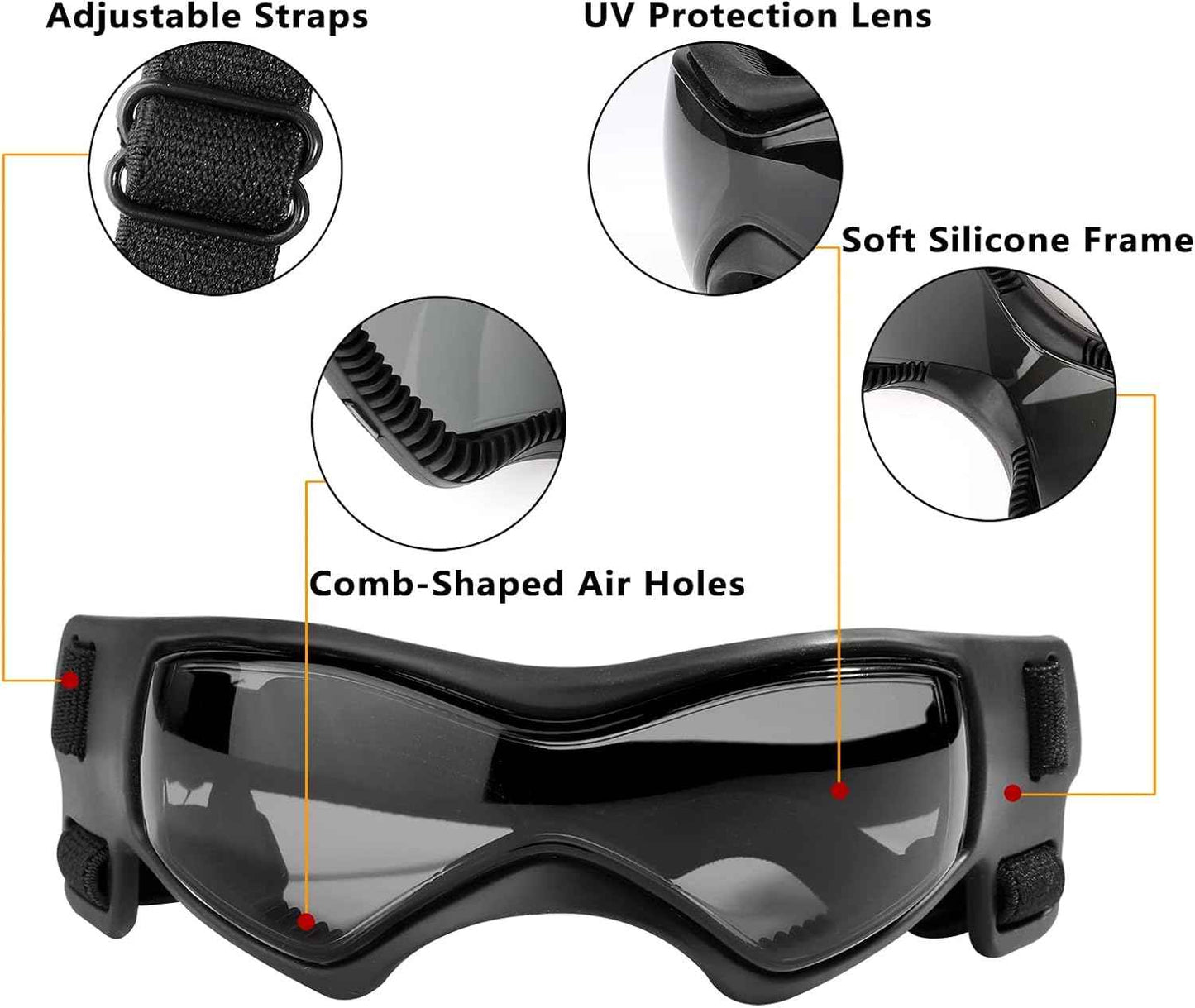 QUMY Dog Goggles UV Protection for Small to Medium Breed, Dog Sunglasses Windproof Anti-Fog Dustproof Snowproof, Puppy Glasses for Outdoor Riding Driving with Comfortable Frame Adjustable Straps