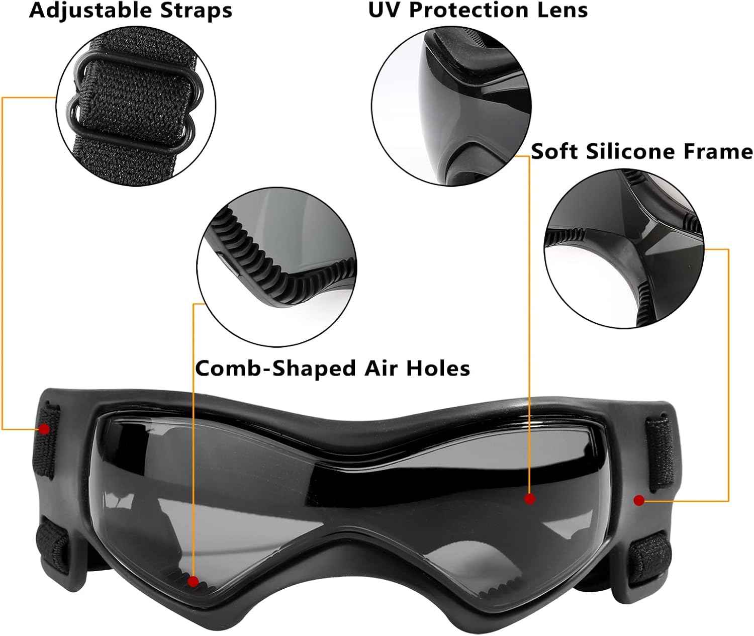 QUMY Dog Goggles UV Protection for Small to Medium Breed, Dog Sunglasses Windproof Anti-Fog Dustproof Snowproof, Puppy Glasses for Outdoor Riding Driving with Comfortable Frame Adjustable Straps