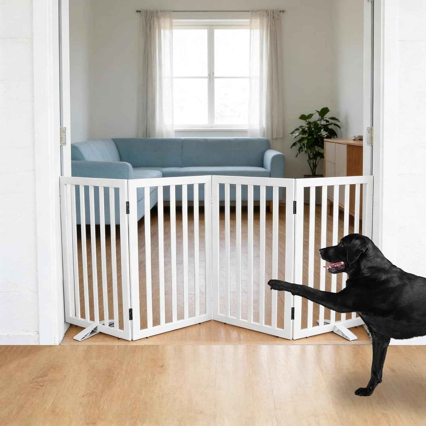 Dog Gate Indoor, Freestanding Dog Fence for The House, Doorways, Hallways,or Stairs,Pet Gate Foldable Wooden,Expandable 32" Height 4 Panels,White