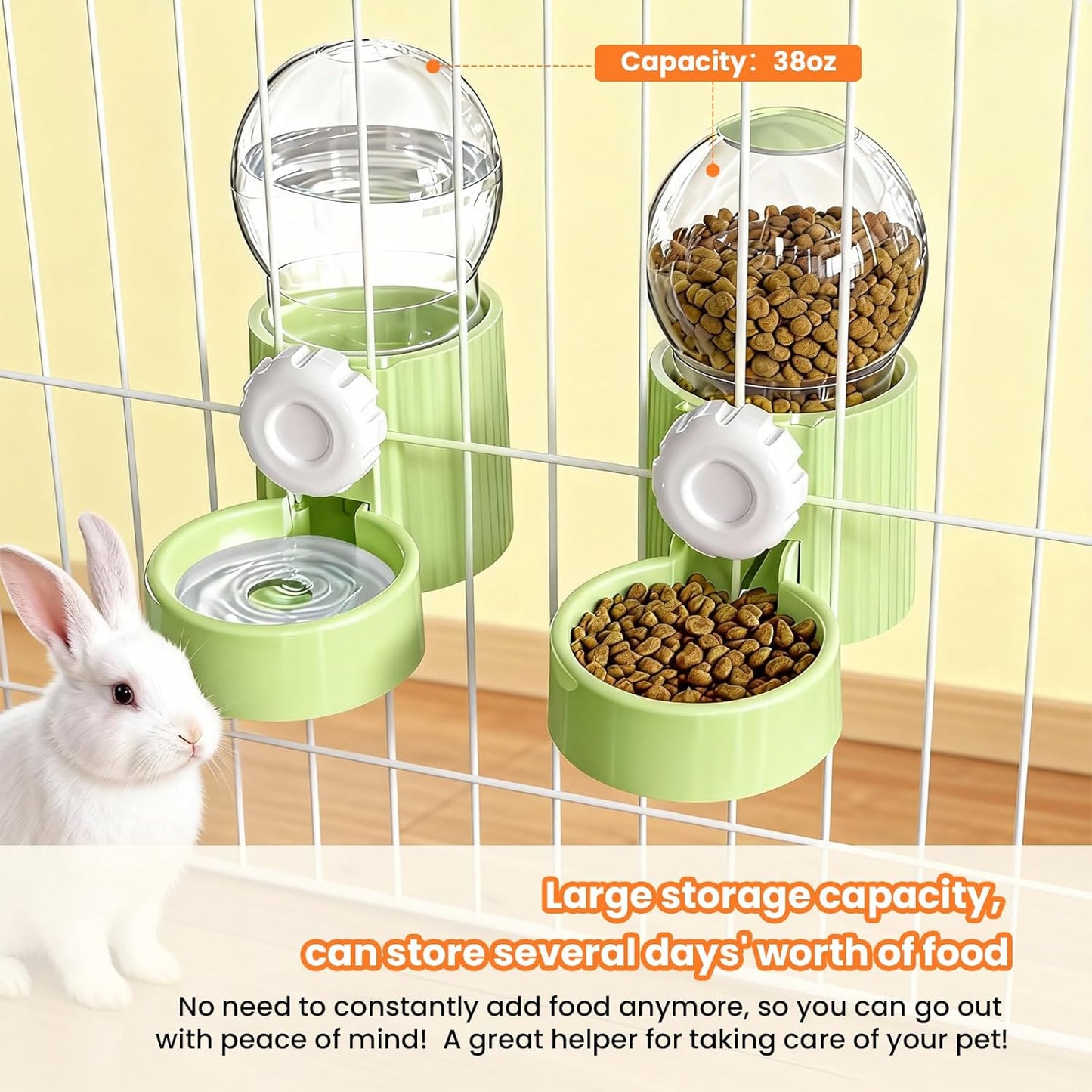 38oz Hanging Automatic Food Water Dispenser, Large Capacity Gravity Rabbit Water Dispenser and Feeder Set, for Bunny Guinea Pig Chinchilla Ferret Cage Accessories (Green)