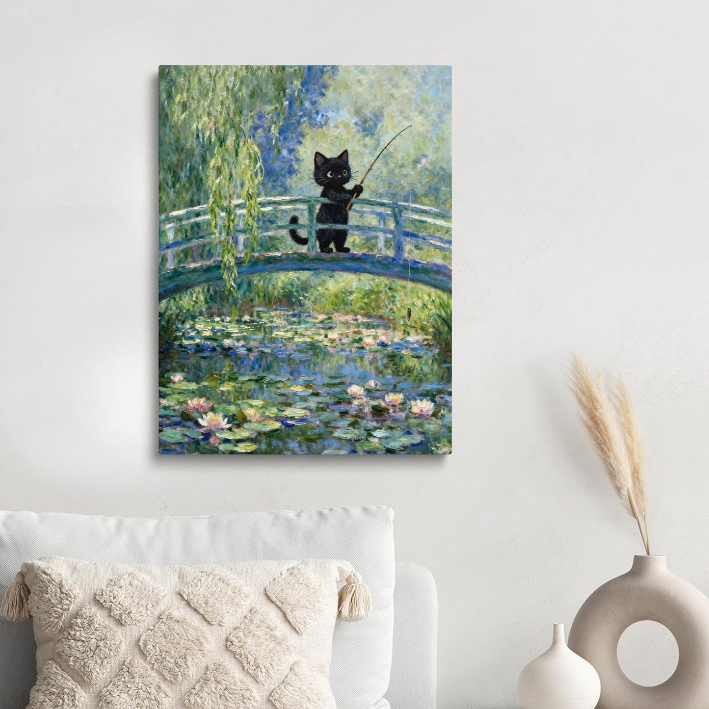 TimAsh Framed Monet Water Lilies Cat Wall Art, Vintage Canvas Art Wall Decor Funny Black Cat Aesthetic Posters Prints for Bathroom Bedroom Living Room Home Office Decorations 10L x 8W