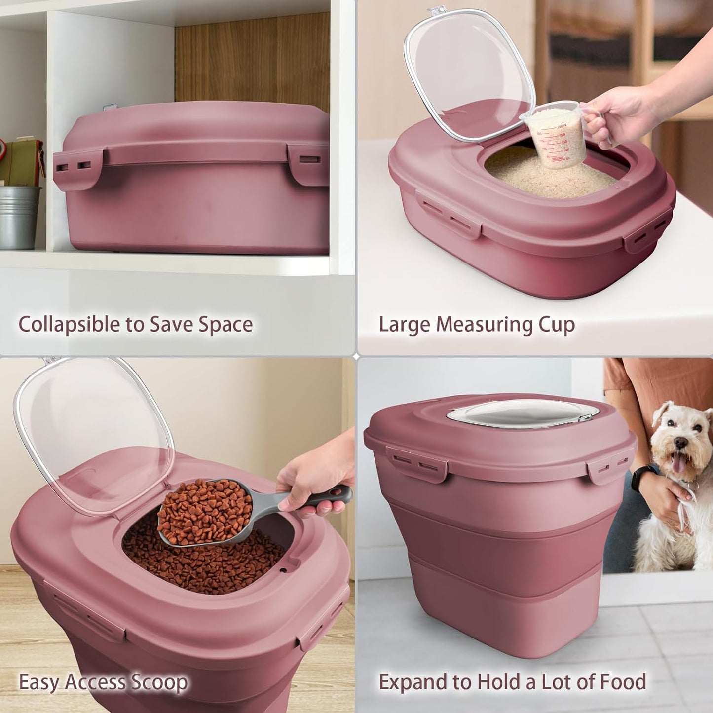 Rice Storage Bin Cereal Containers, 13-50lb Collapsible Rice Container Dispenser with Transparent Lid, Rolling Wheels, Measuring Cup and Scoop, Airtight Dog Cat Pet Food Storage Container Pink