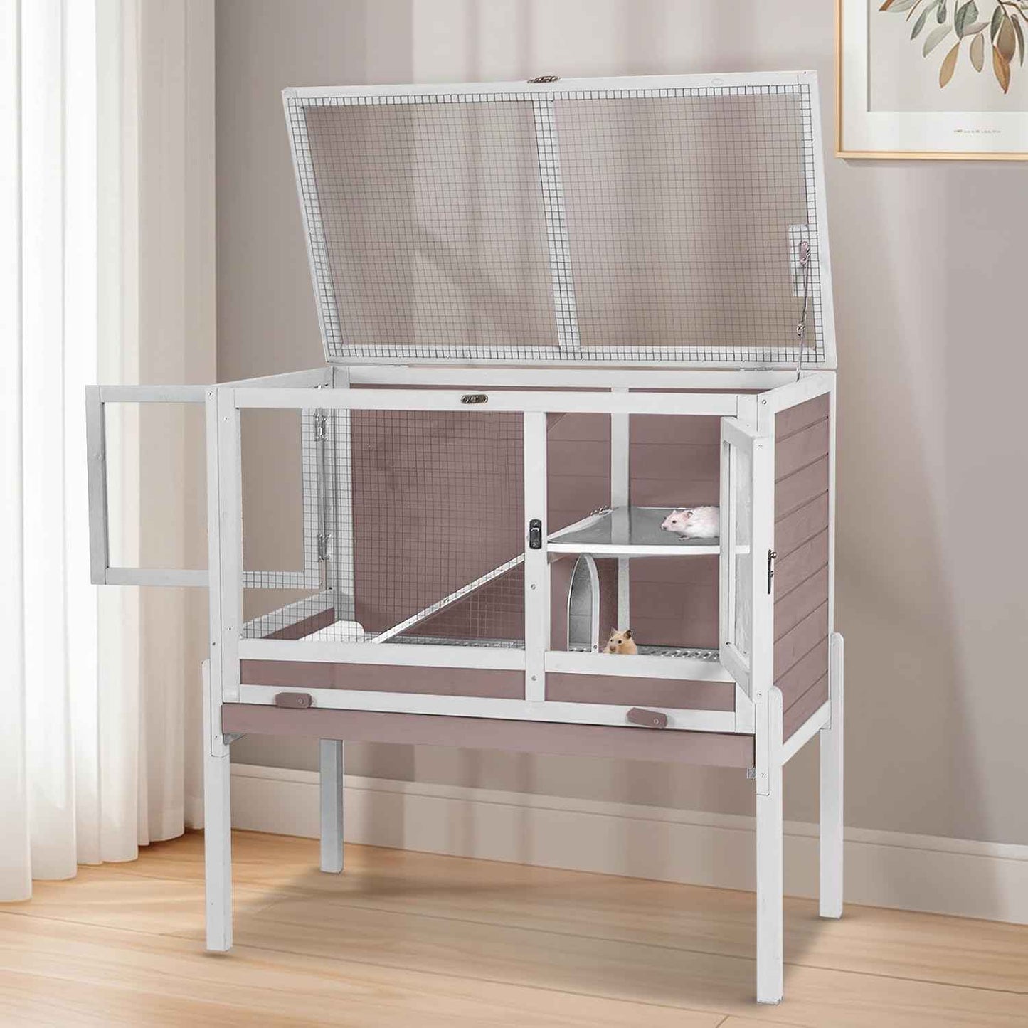 Wooden Guinea Pig Cages Indoor,Two-Story Wooden Rabbit Cage Hutch with Removable Stand and Pull Out Tray, Small Animals Cage Habitat with Ramp and Plastic Mesh(Brown&White)