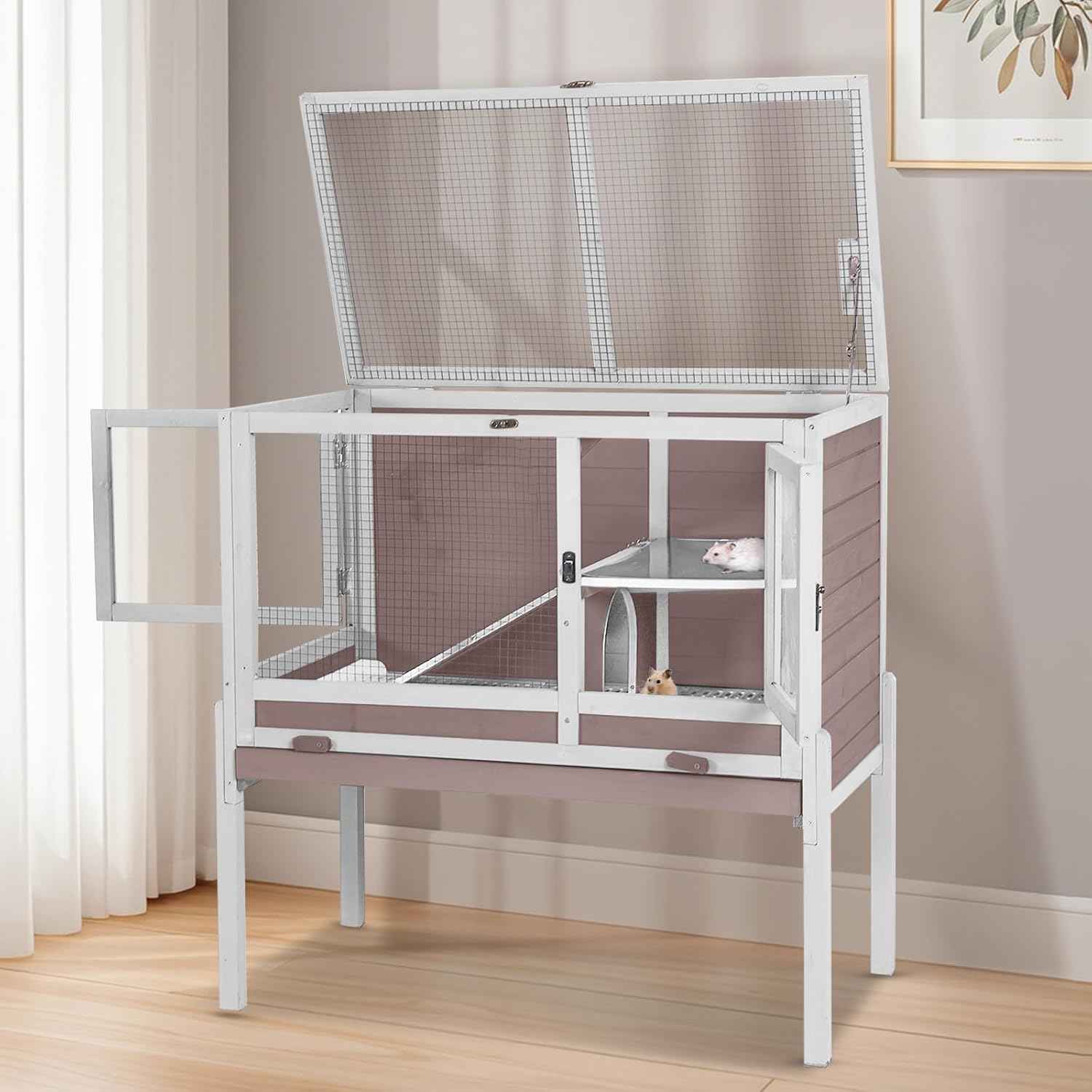 Wooden Guinea Pig Cages Indoor,Two-Story Wooden Rabbit Cage Hutch with Removable Stand and Pull Out Tray, Small Animals Cage Habitat with Ramp and Plastic Mesh(Brown&White)