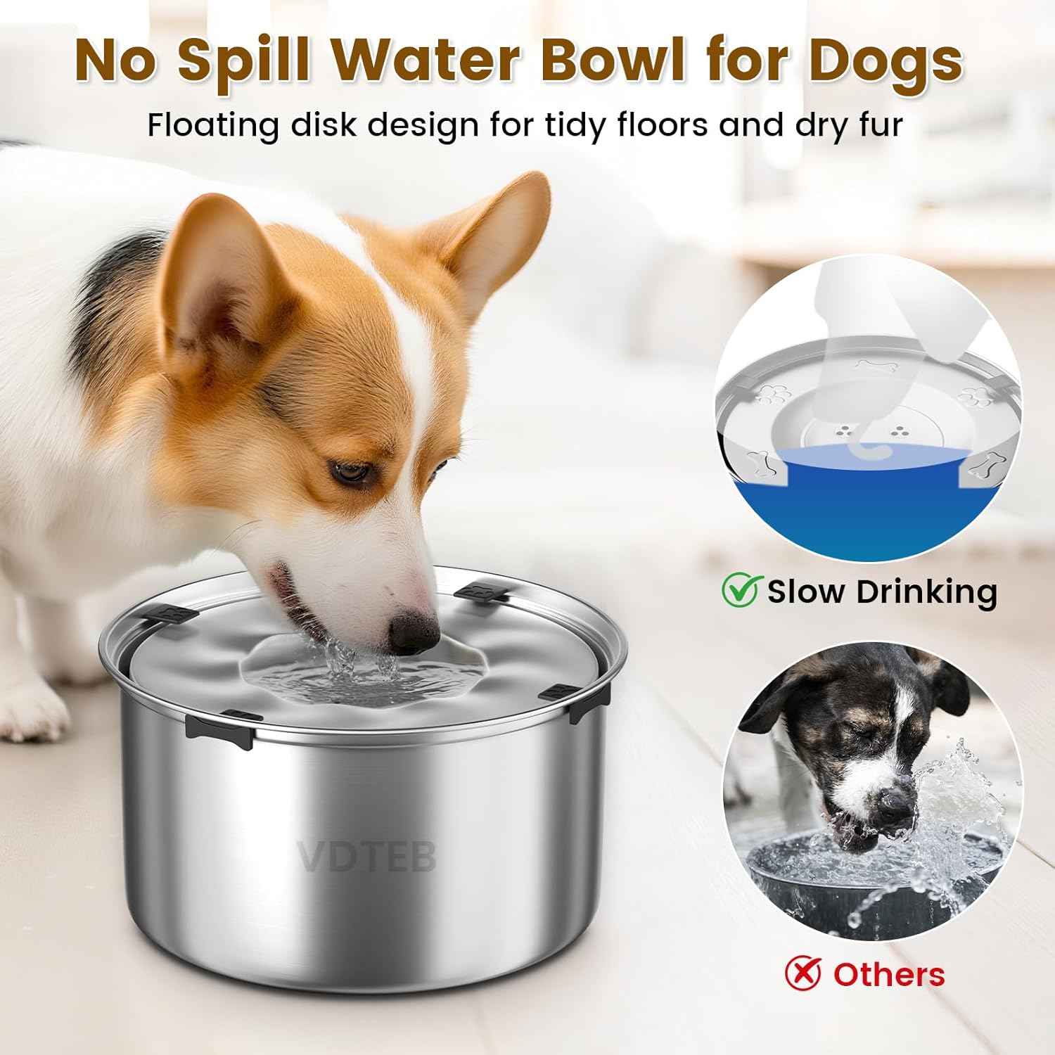 Dog Water Bowl 1.5Gal Stainless Steel No Spill Water Bowl for Dogs, 5.6L Large Capacity Spill Proof Slow Drinking Dog Water Feeder with Anti-Slip for Medium Large Messy Drinkers