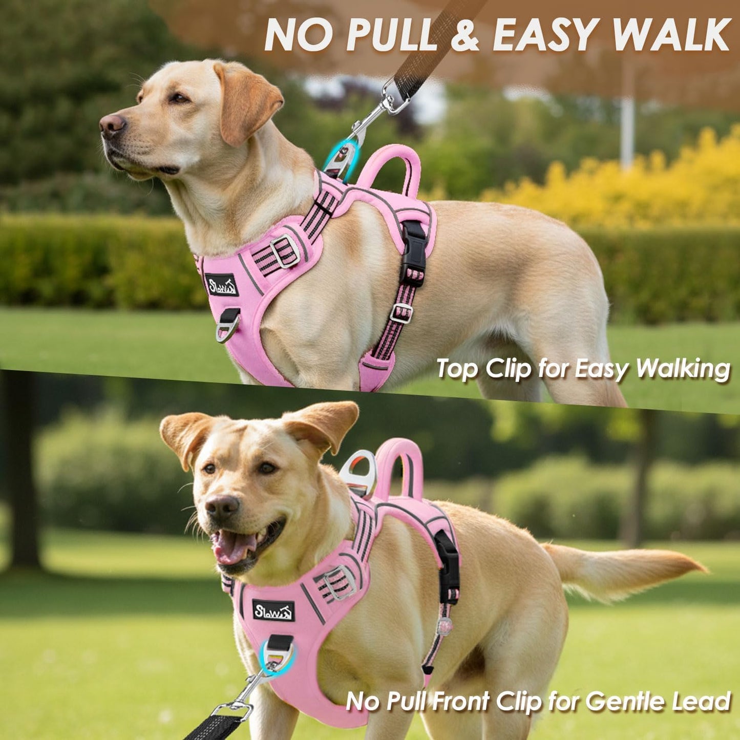 SlowTon No Pull Dog Harness, No Choke Pet Harness with 2 Leash Clips and Easy Control Vertical Handle, Adjustable Soft Padded Dog Vest for Small, Medium and Large Dogs (Pink, Medium)