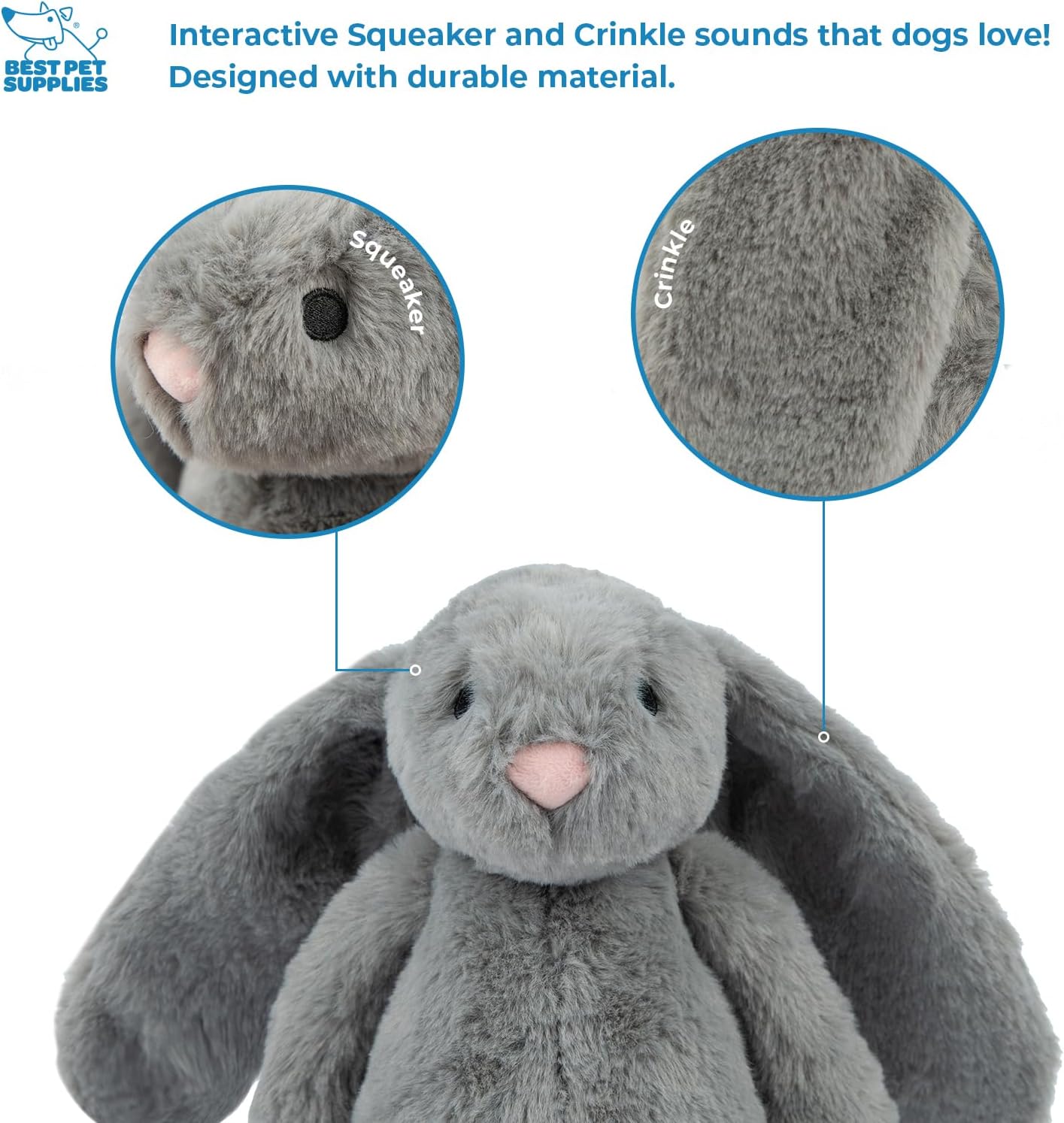 Best Pet Supplies Interactive Squeaky Dog Chew Toy, Ideal Dog Toys for Chewers, Small, Medium & Large Dogs, and Fetch Lovers - Bunny (Gray), Large