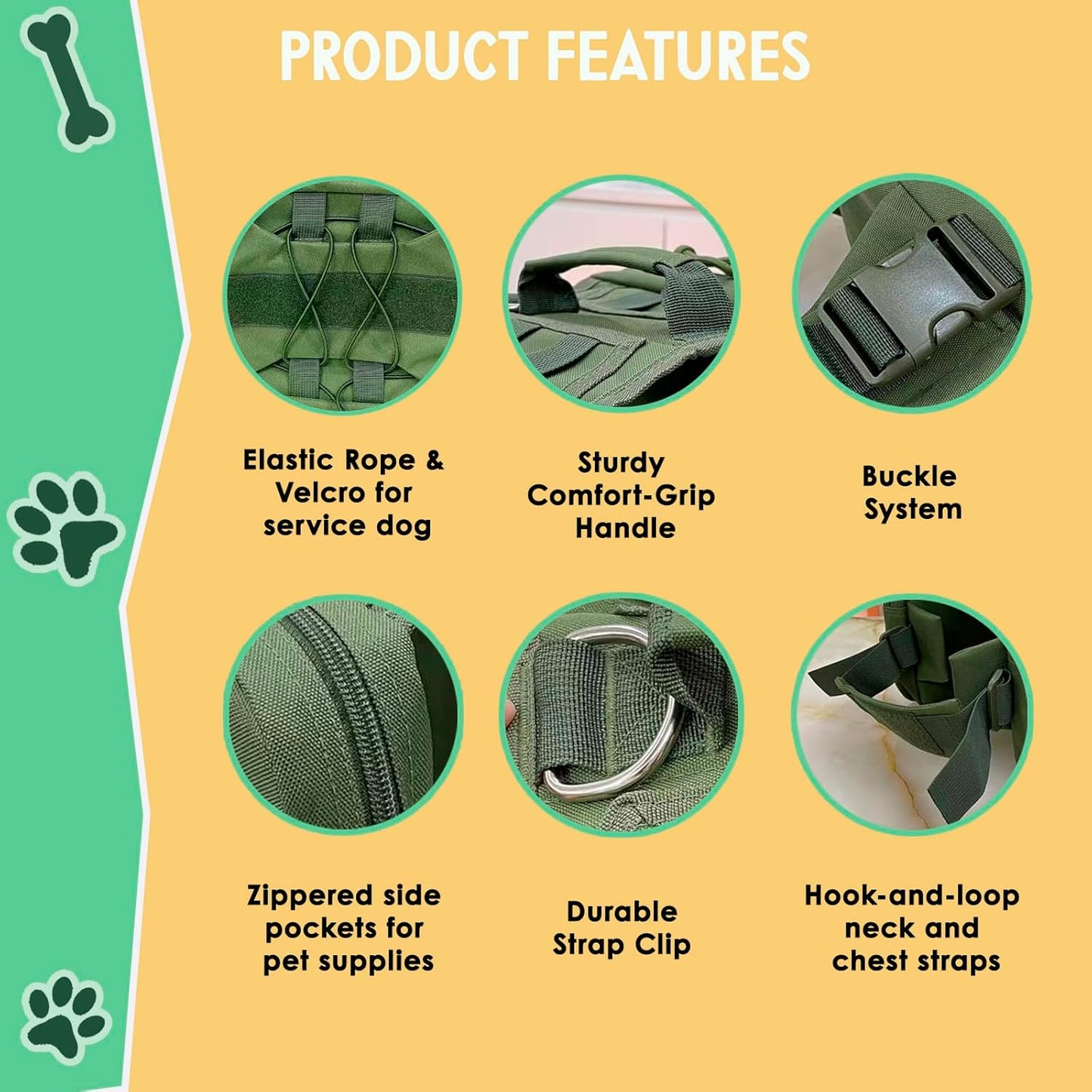 Tactical Dog Backpack Harness – Large, Army Green, 2 Ample Side Pockets | Water Resistant Saddle Bags for Hiking & Camping, Sturdy Vest Fits Medium & Large Dogs