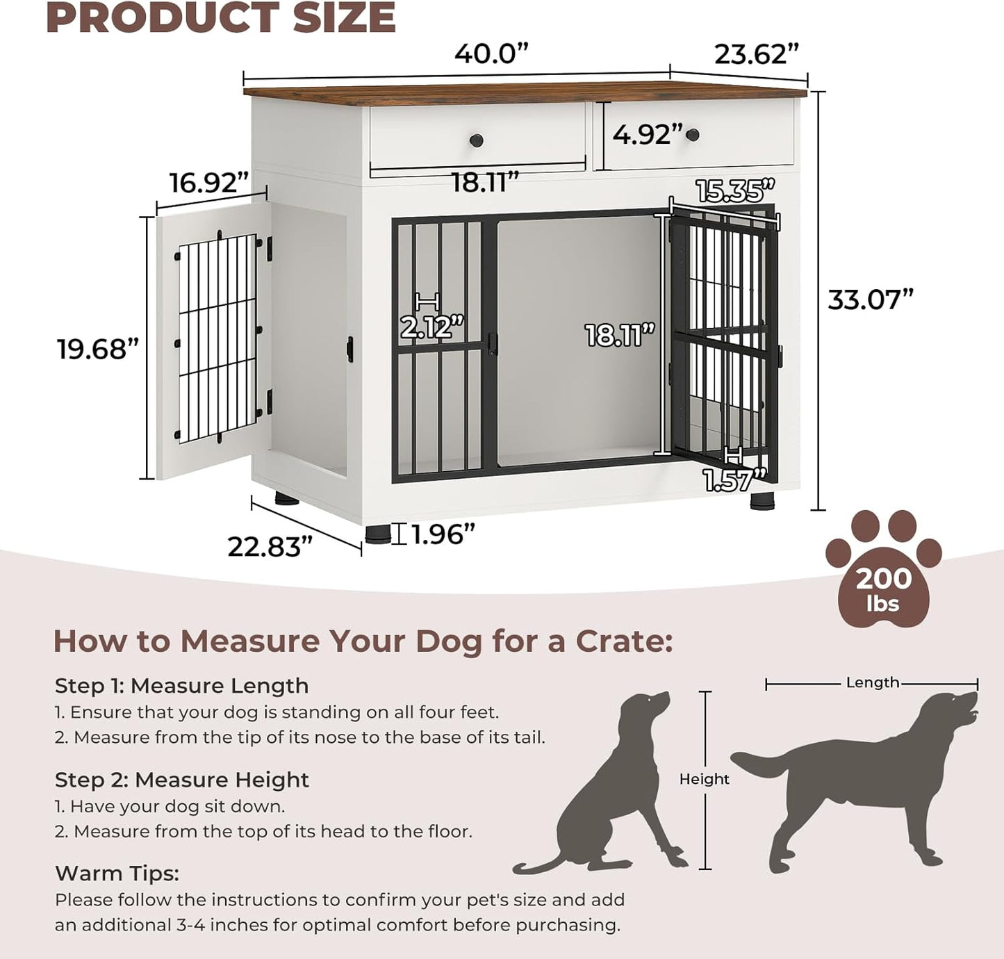 Farmhouse Dog Crate Furniture- 40 inch Dog Kennel with Drawers-Heavy Duty End Table Wooden Pet Crate, Decorative Dog House Indoor for Small Medium Large Dog, White