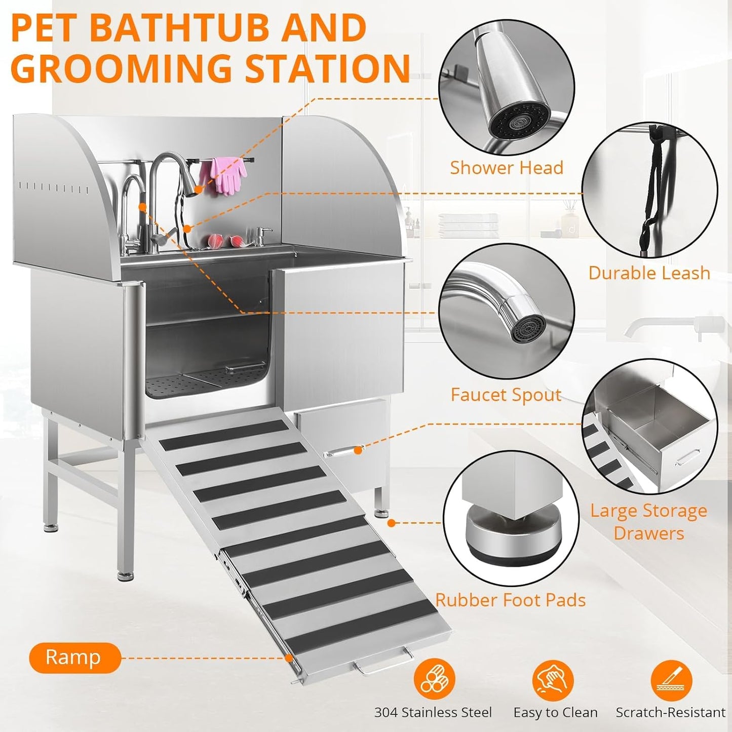 Professional Dog Washing Station,60" Stainless Steel Pet Grooming Tub w/Sliding Door, Non-Slip Steps,Faucet & Showerhead & Soap Holder Bathtub,for Medium & Small Dogs, Supports 250Lbs