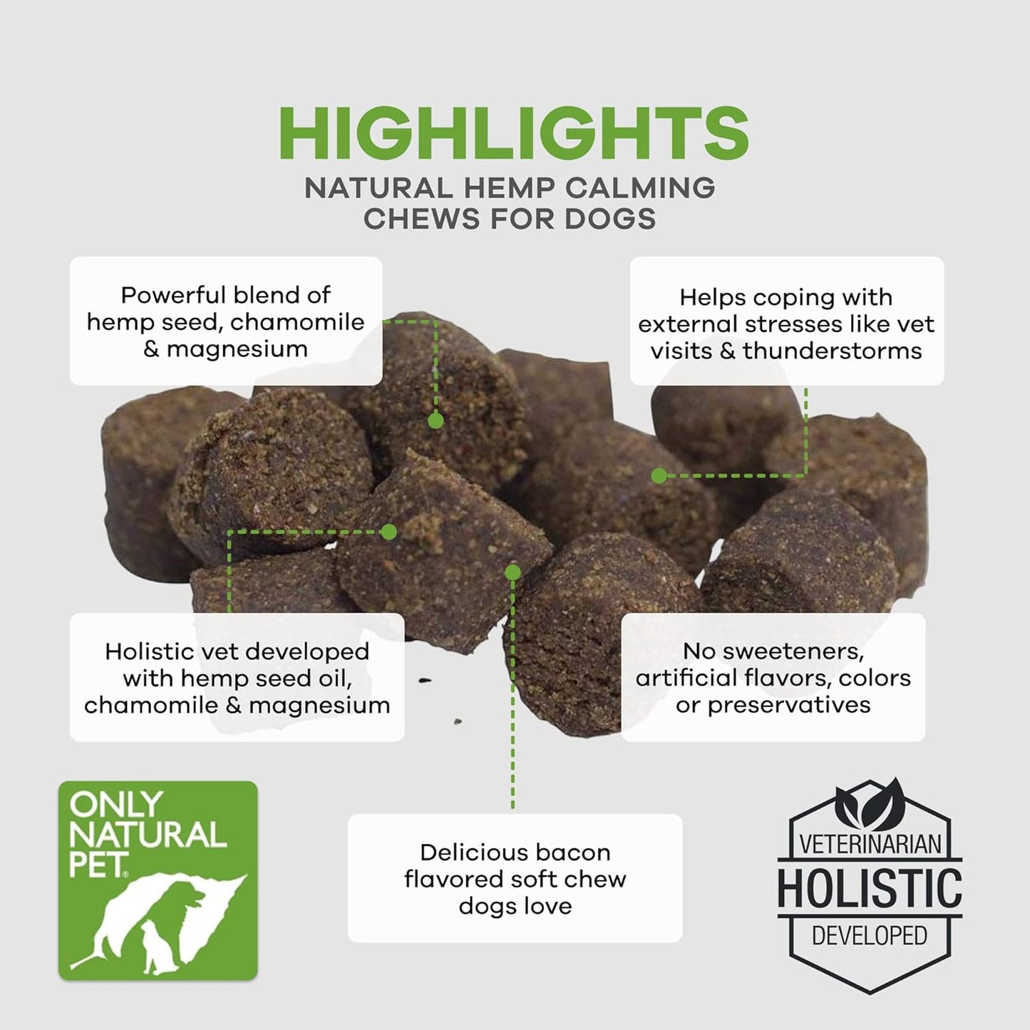 Only Natural Pet - Natural Hemp Soft Chew Bites for Dog Stress & Anxiety Relief - L-Theanine, Chamomile & Lemon Balm - Calming Chews for Dogs - 60 Count