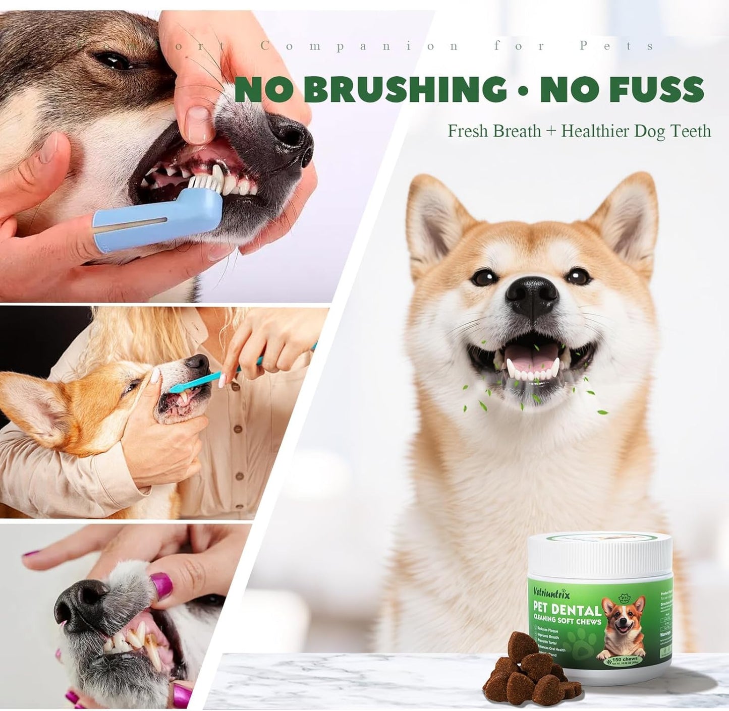 Dog Dental Chews, Dog Teeth Cleaning Soft Chews for Fresh Breath, Plaque & Tartar Control, Dental Care for Dogs with Natural Enzymes and Probiotics
