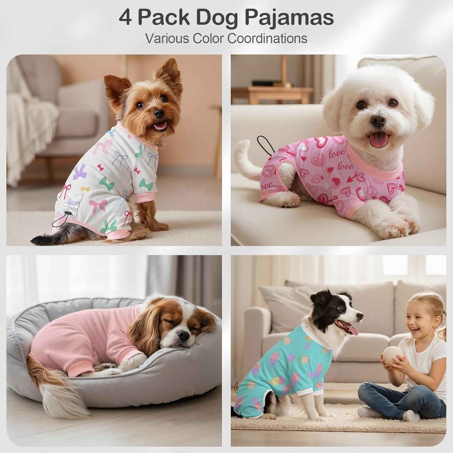 4 Pack Dog Pajamas Pet Costumes Dog Jammies Onesies Sweatshirt Adjustable Breathable Stretchy Clothes for Puppy Small Medium Large Dogs Girls Boys,S