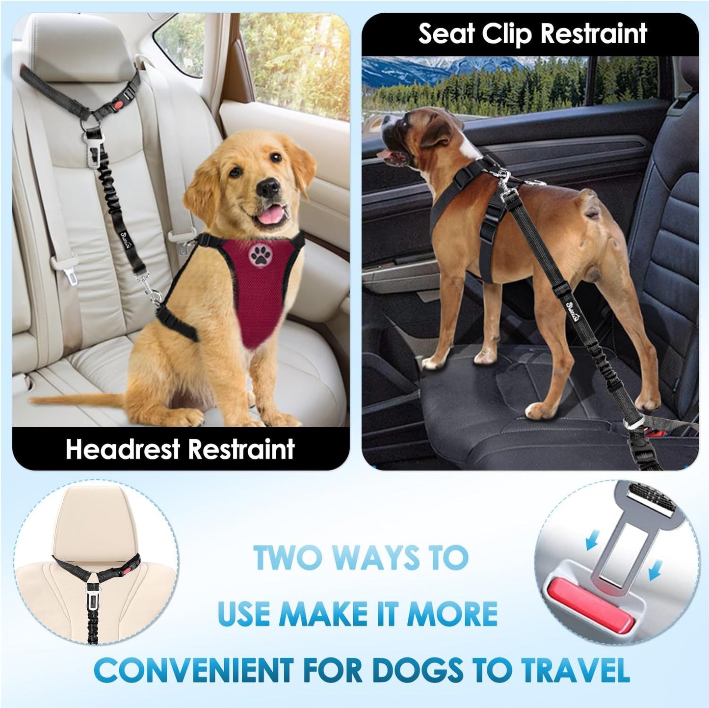 Lukovee Dog Seatbelt Leash for Cars, 2 Pack Pet Safety Car Seat Belt with Adjustable Buckle & Reflective Bungee, Connect Dog Harness in Vehicle Car Dogs Restraint Travel Daily Use (Black)