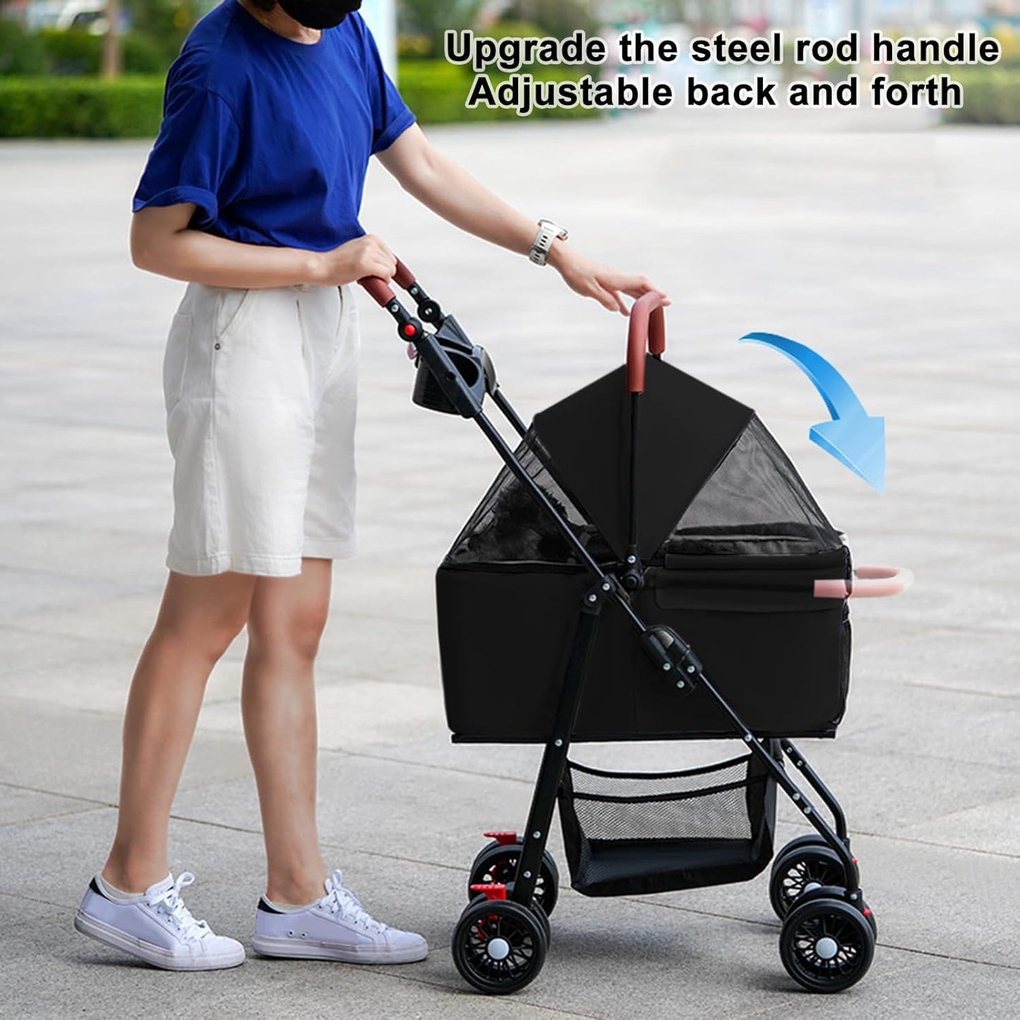 Pet Stroller-Folding 4 Wheels Cat/Dog Stroller for Medium Small Pets with Storage Basket and Cup Holder Suitable for Going Out and Traveling (Black)