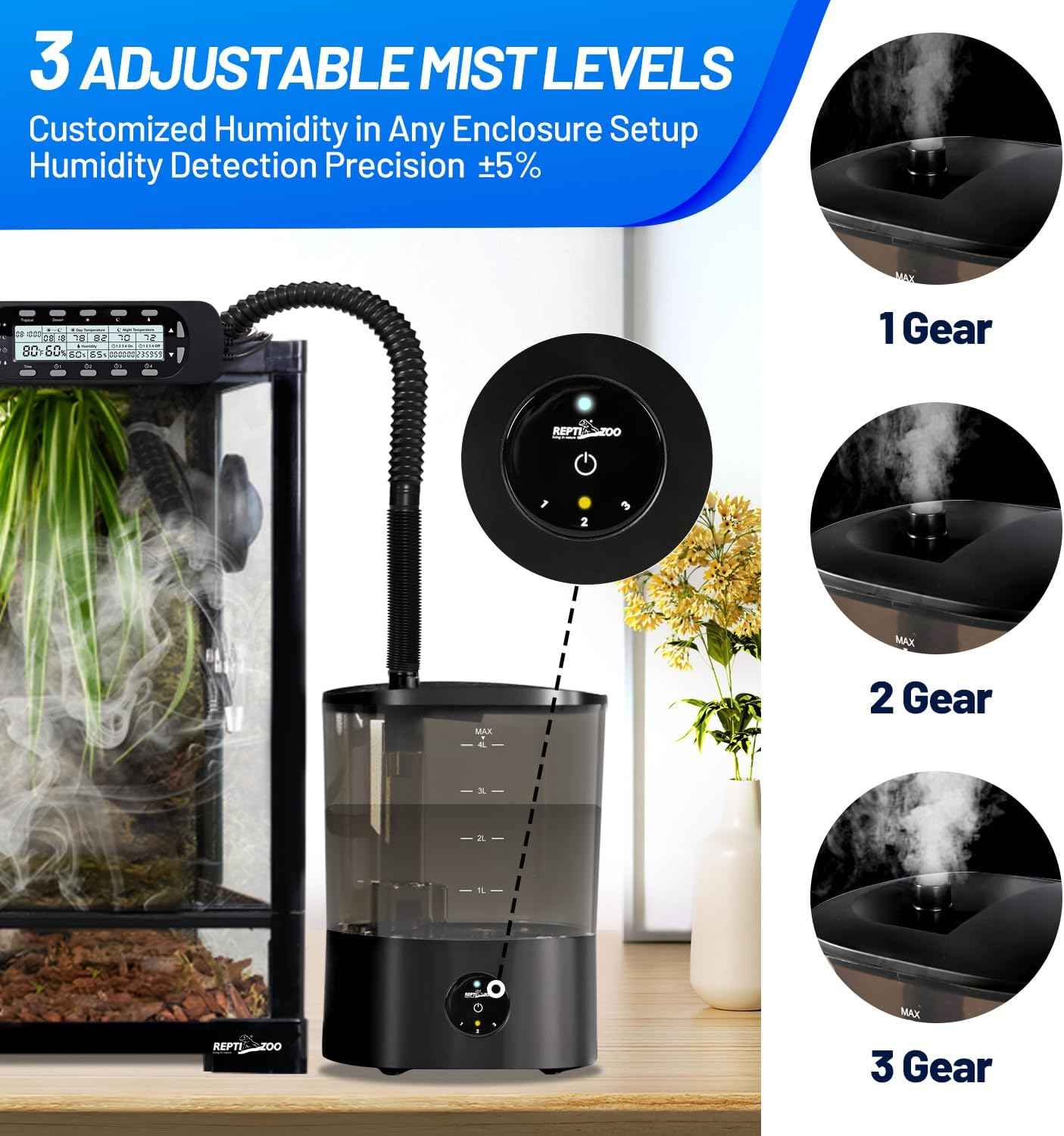 REPTI ZOO Smart WiFi Reptile Fogger with Timing, 4L Reptile Terrariums Humidifier, Fog Machine Mister for Chameleon Frog Turtle Gecko | Misting System Spray Kit for Amphibia, Plants | Linkage Control