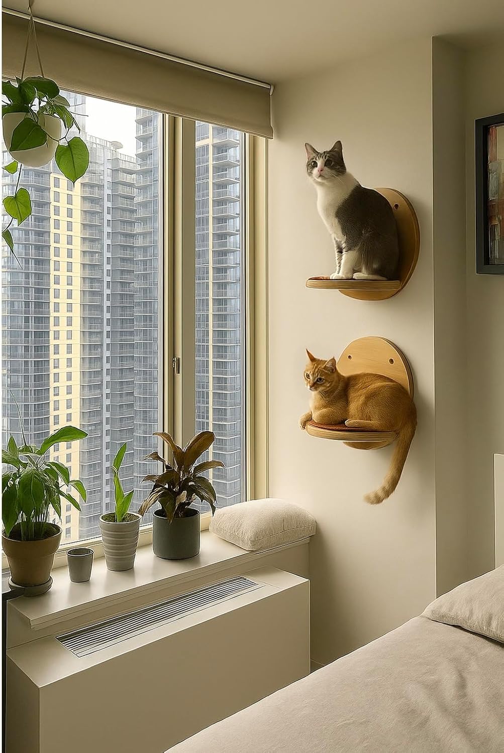 Cat Wall Shelves - Set of 4 Round Floating Wall Steps Scratch Pads, up to 20Lbs. Saving-Space Decorative Wall-Mounted Cat Furniture for Climbing, Playing & Resting - Solid Natural Wood by INSTINTO