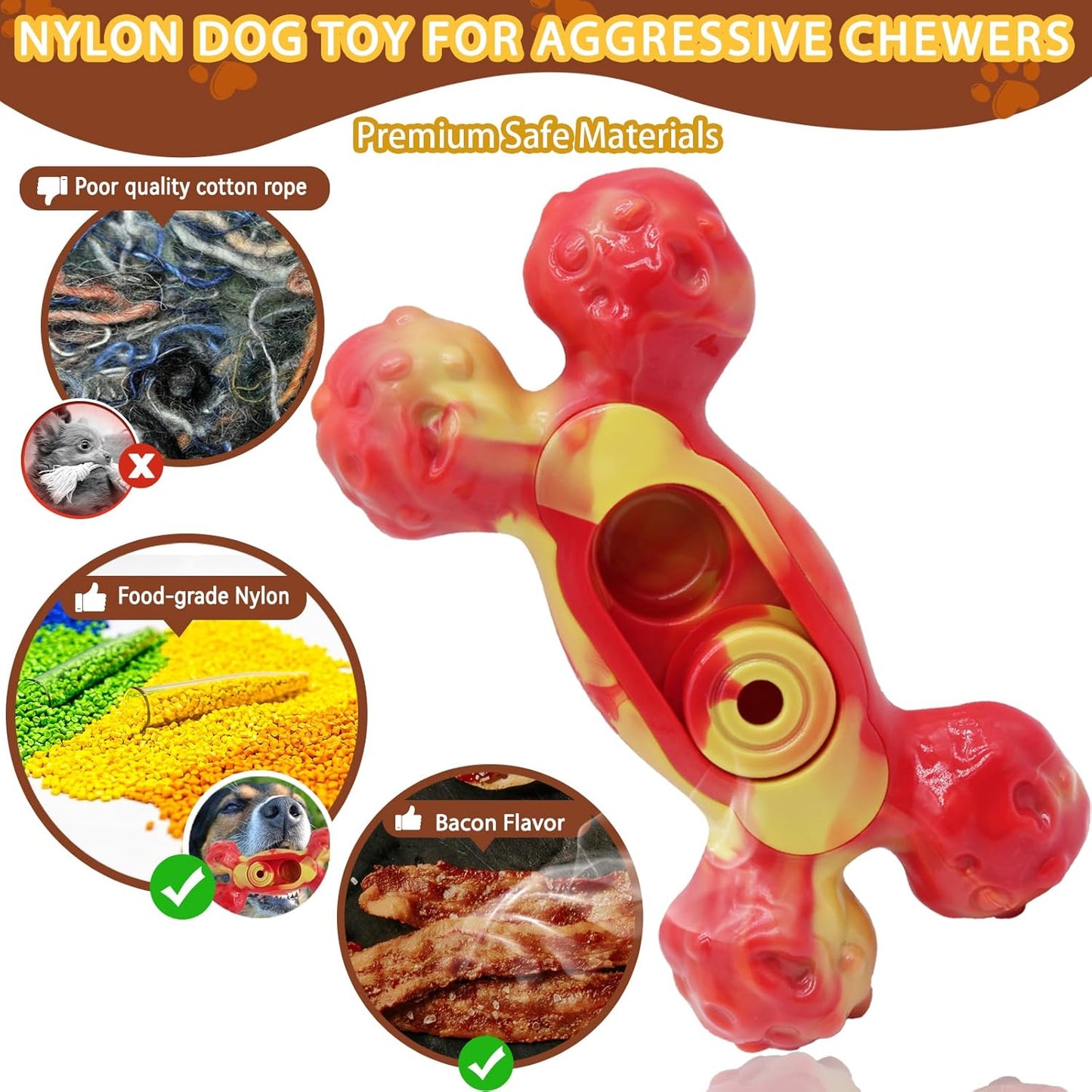 Magicorange Dog Chew Toys for Aggressive Chewers, 1 Pack Indestructible Toy for Medium/Large Breed, Nylon Dog Toys to Keep Them Busy,Bacon Flavor (Orange)