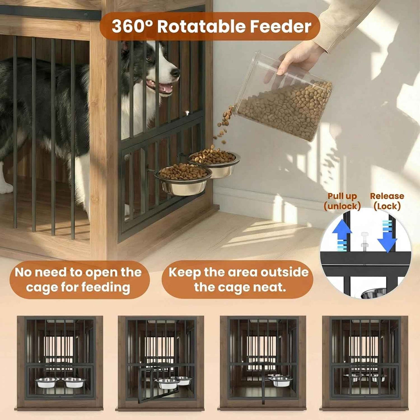 71'' Double Dog Crate Furniture for 2 Dogs, XXL Wooden Indoor Dog Kennel with 3 Fluted Drawers & Charging Station, Removable Divider, 360° Rotating Feeder, TV Stand or Side Table, Walnut