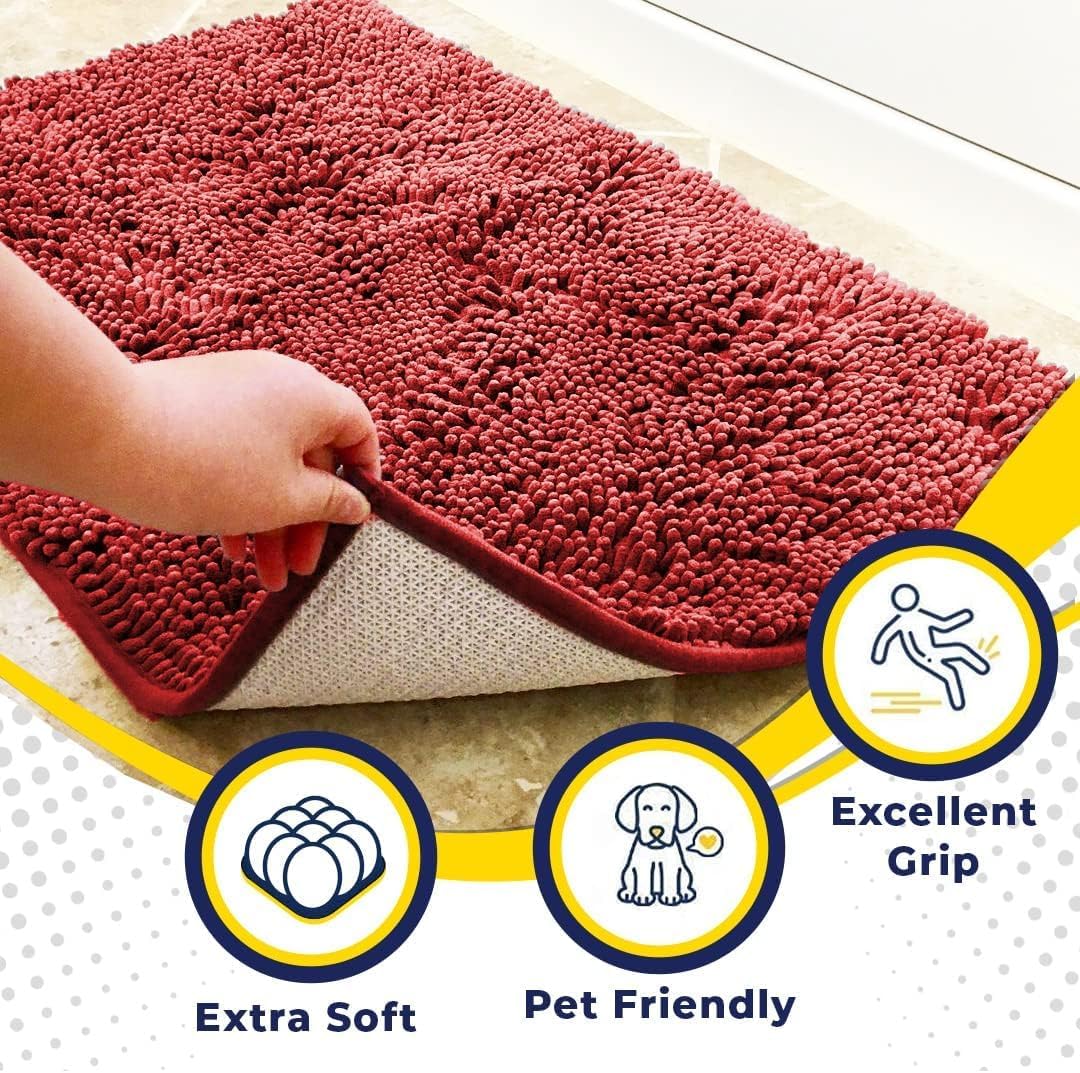 Muddy Mat® AS-SEEN-ON-TV Highly Absorbent Microfiber Door Mat and Pet Rug, Non Slip Thick Washable Area and Bath Mat Soft Chenille for Kitchen Bathroom Bedroom Indoor and Outdoor - Red 36" x 120"