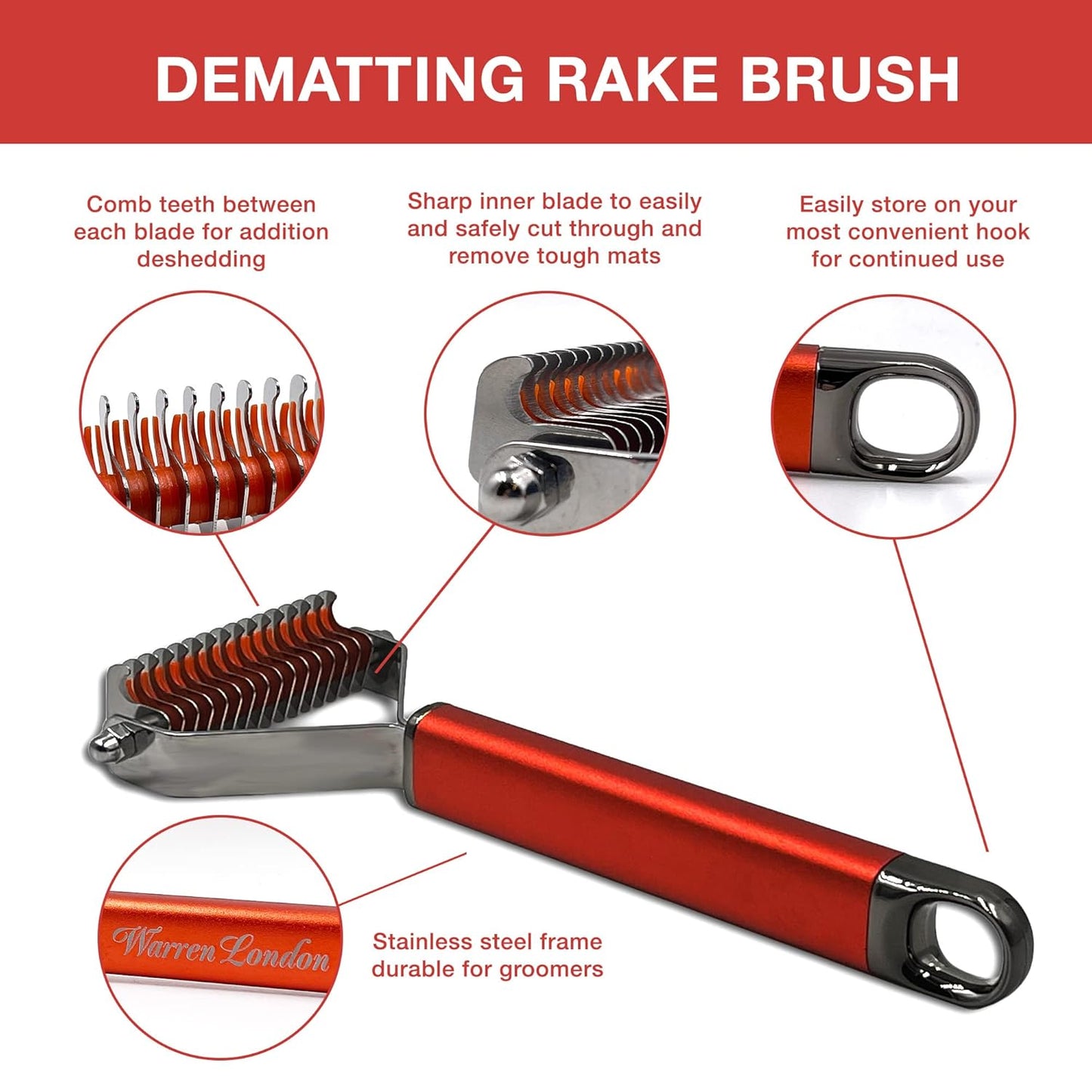 Warren London Undercoat Rake Brush for Dogs and Cats - Premium Deshedding Tool for Long Haired Pets - Skin Friendly Dematting Comb for Professional Grooming Results at Home