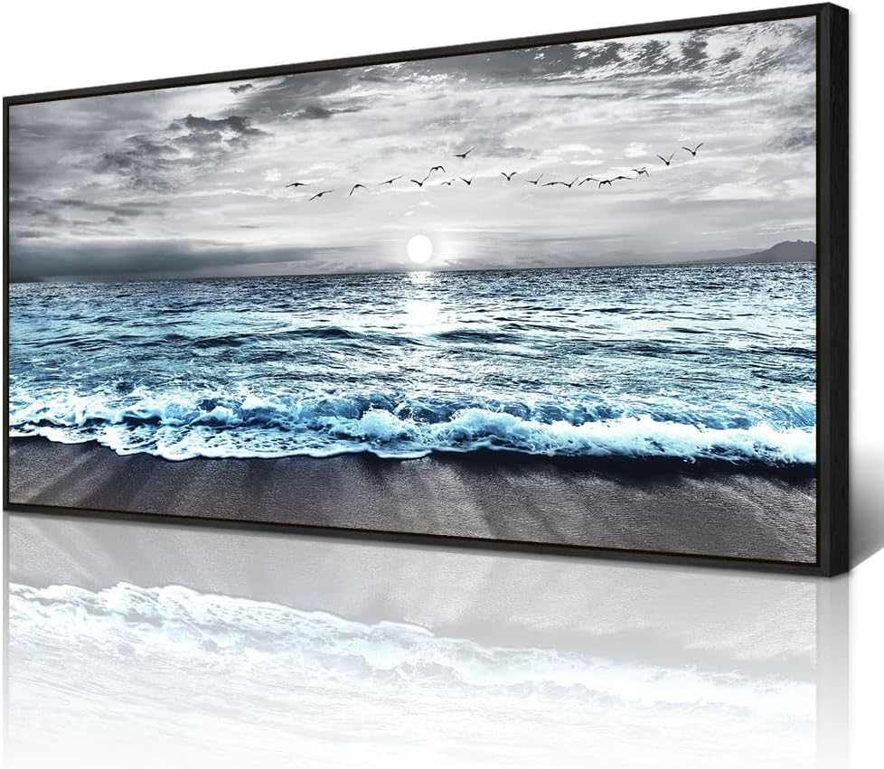 Wapluam Large Black Framed Wall Art For Living Room Wall Decor For Bedroom Office Wall Decorations Black And White Wall Painting Blue Sea Wave Pictures Artwork For Modern Beach Canvas Prints Poster