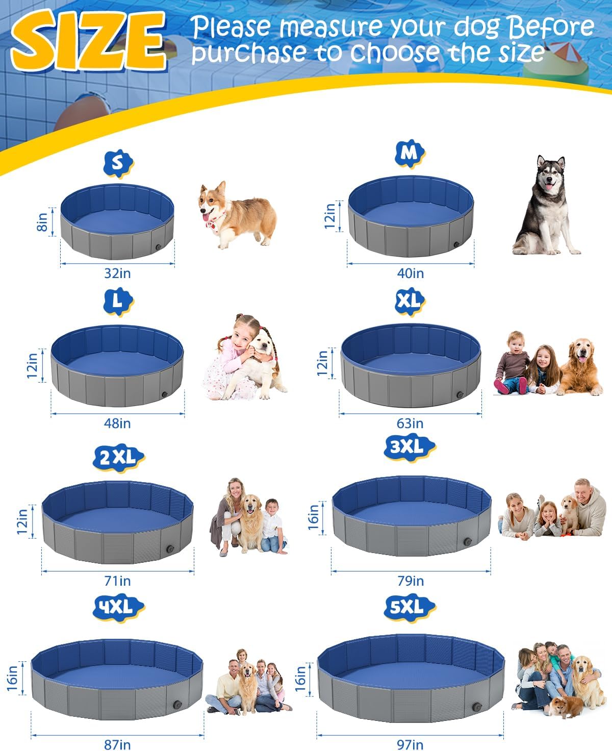 YSJILIDE Portable Dog Pool PVC Pet Swimming Bathtub Collapsible Hard Plastic Pool for Pets to Swim and Bath (XL-63"x 12"Dark Grey)