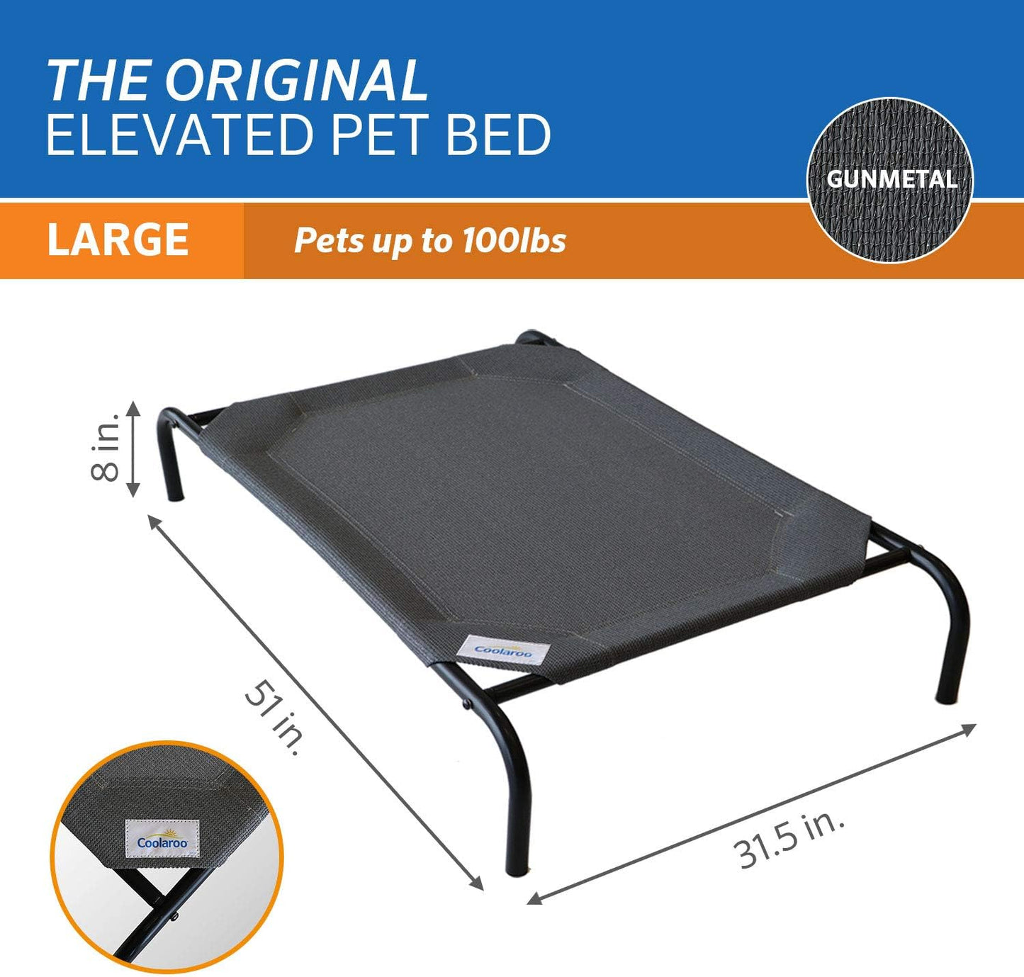 Coolaroo Original Elevated Dog Bed - Breathable Off-The-Ground Pet Bed with Cooling Fabric, Joint Relief & Moisture-Resistant Fabric, 100% Recyclable, Easy Clean, Gunmetal, Large