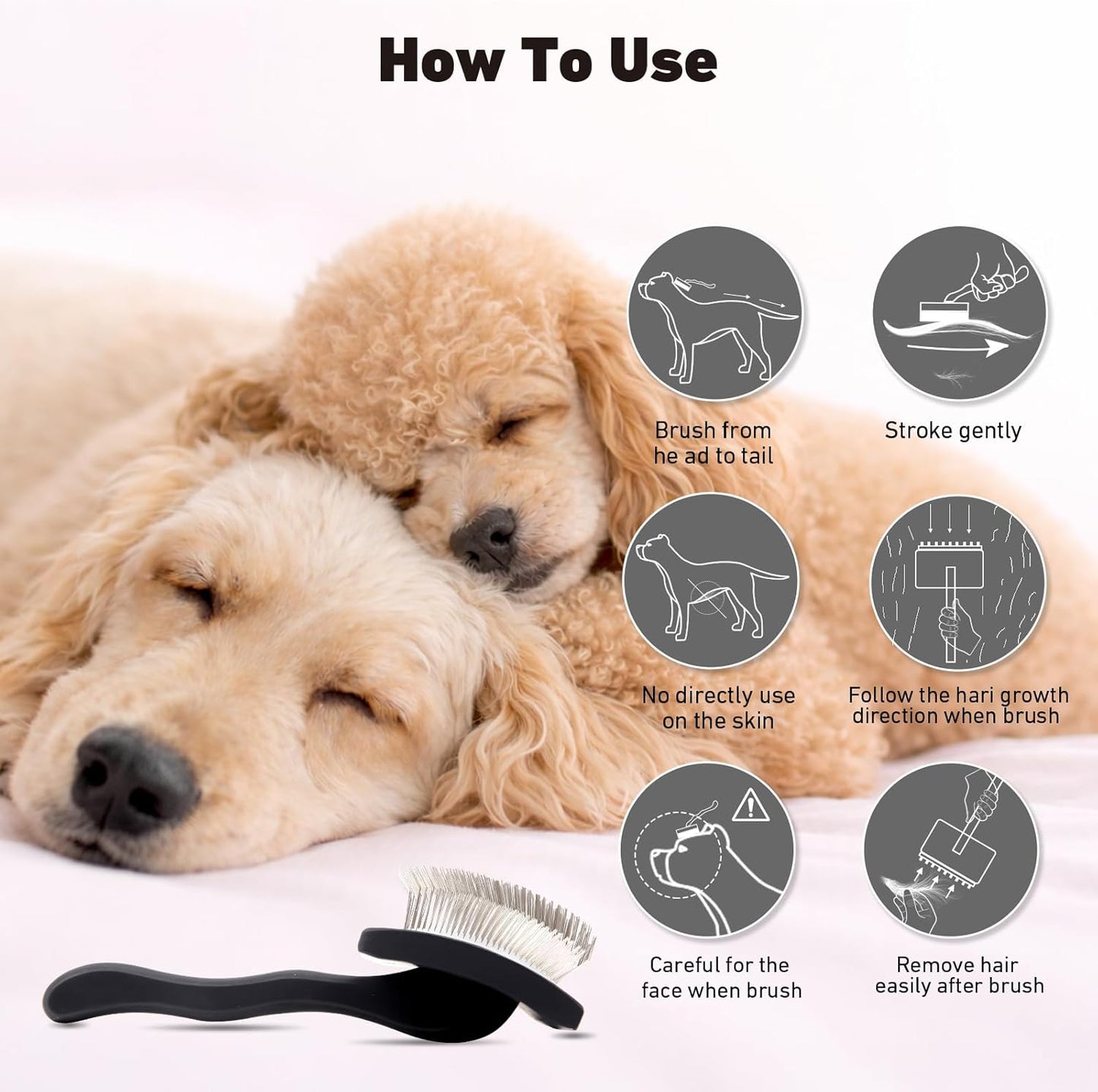 Dog Slicker Brush for Goldendoodles, Poodles & Long Haired Dogs - Long Pin Doodle Brush & Pet Comb Kit Removes Tangles Loose & Knots, Professional Grooming Tools with Wooden Handle, Black