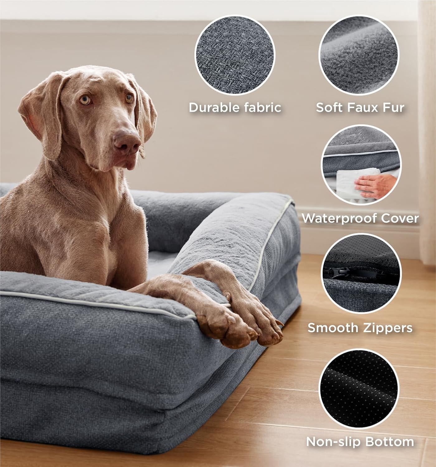 Made4Pets Orthopedic Dog Bed for Medium Dogs, Supportive Foam Medium Pet Bed Sofa with Washable Removable Cover, Waterproof Dog Couch Bed, Non-Slip Bottom and Egg-Crate Foam, Grey