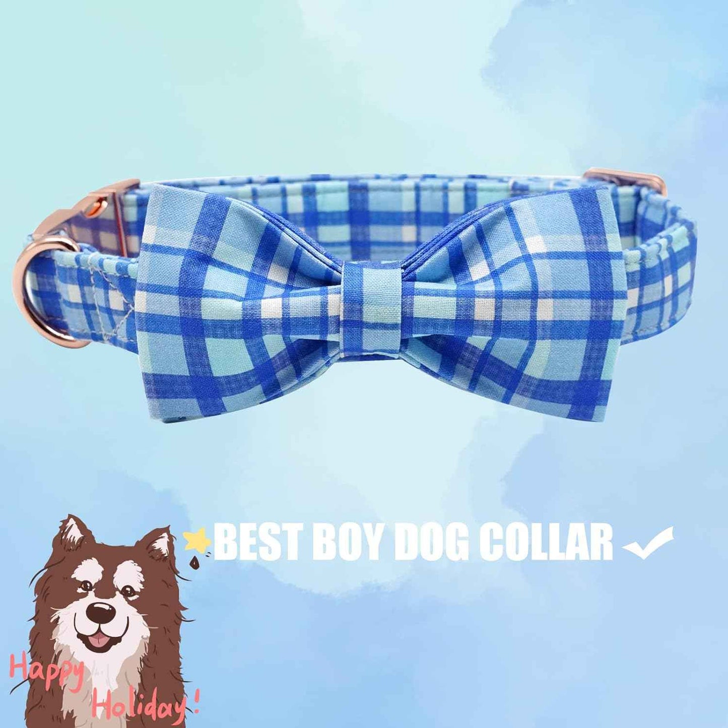 Elegant little tail Dog Collar with Bow - Blue Plaid Boy Dog Collar Cute Bowtie Pet Collar Adjustable Dog Collar for X-Large Dog