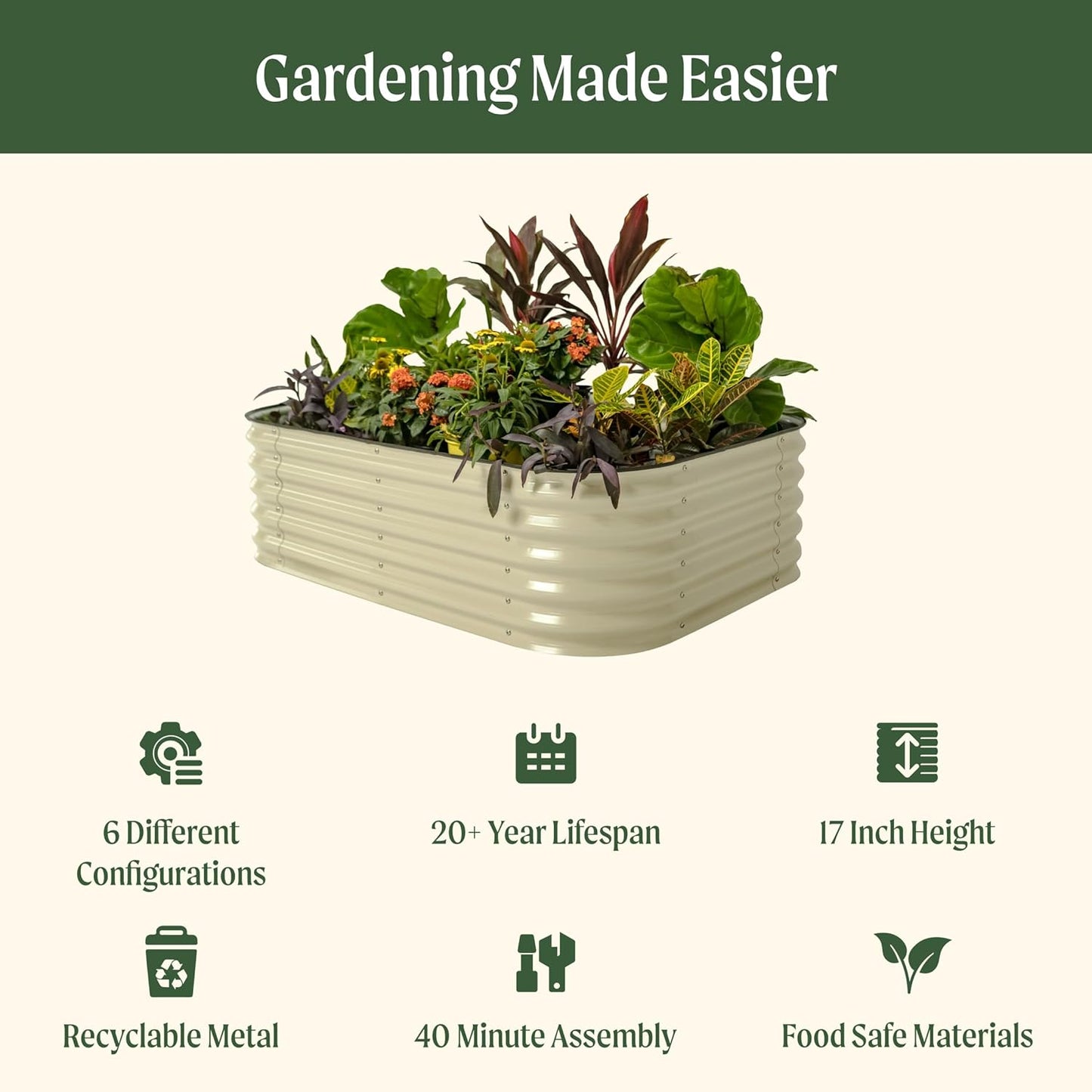 Vego garden Aluzinc Raised Garden Bed Kits, 17" Tall 6 in 1 Modular Metal Raised Planter Bed for Vegetables Flowers Patio Ground Planter Box-British Green