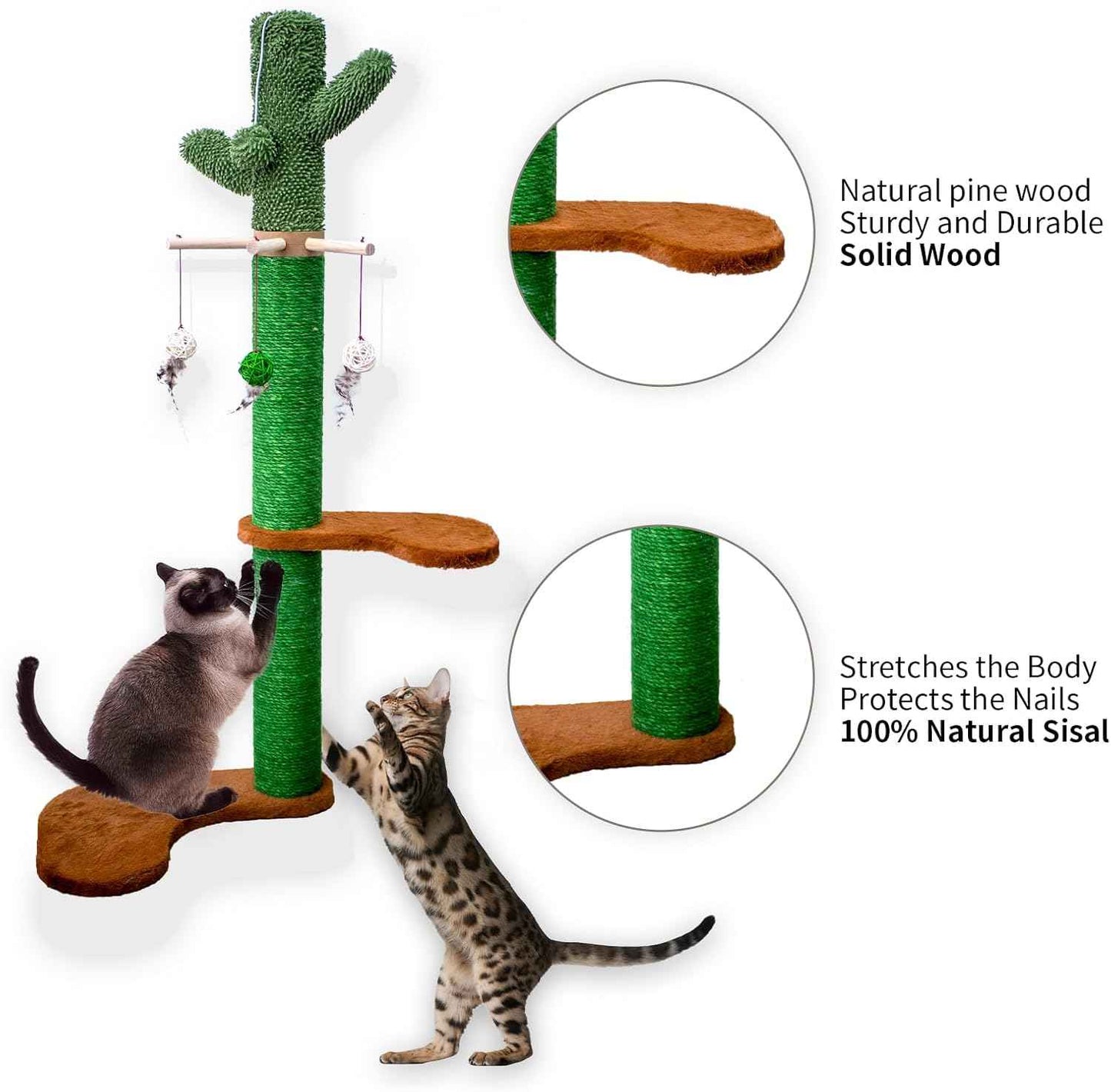 Meowoou Wall Mounted Cat Scratcher for Indoor Cats, 38 Inch Cat Wall Shelves with Scratching Posts and Pedal, Suitable for Adults Cats, Kitten and All Type of Cats Cactus