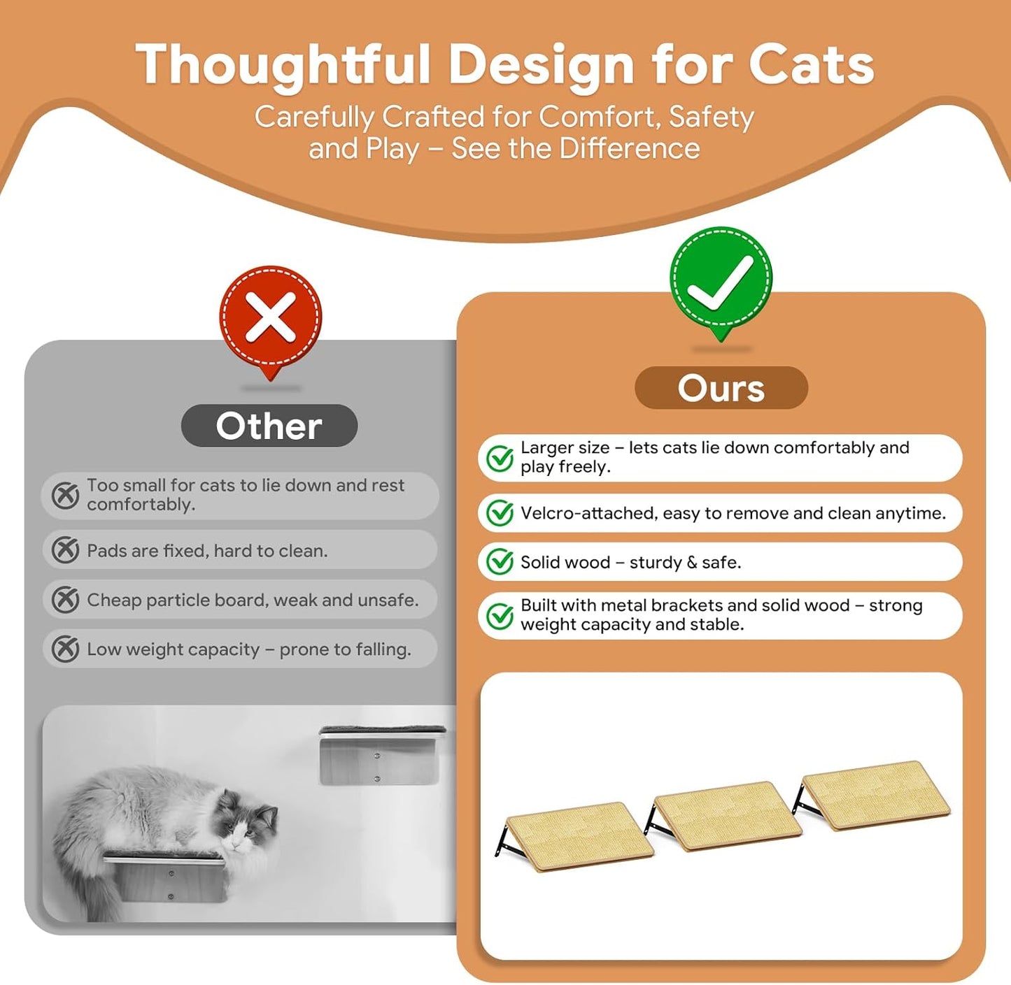 3Pcs 14"×8" Large Cat Wall Shelves - Wall Mounted Cat Shelves, Natural Wood with Fixtures for Large Cats and Kittens for Household Pets Sleeping, Playing, Climbing