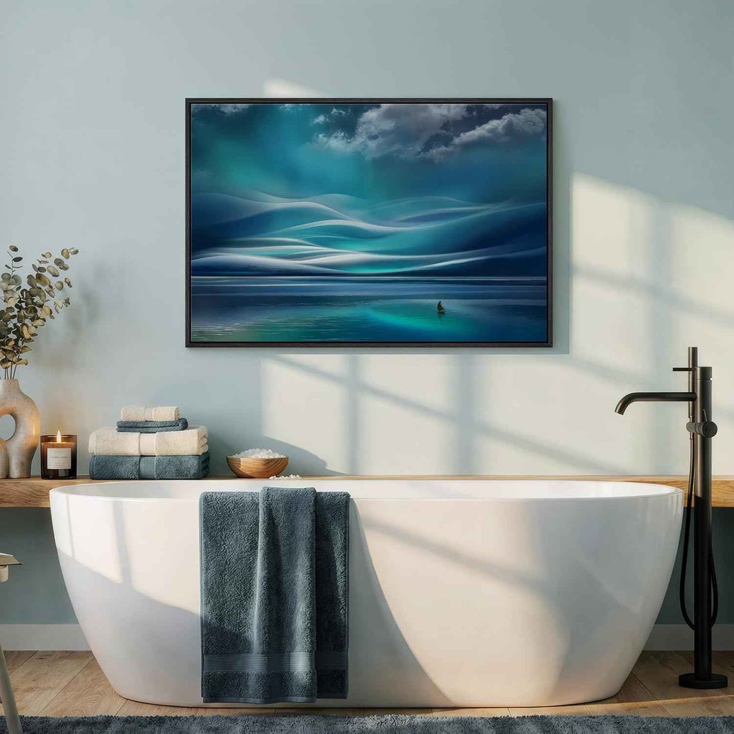 Black Framed Coastal Sailboat Canvas Wall Art, Teal Ocean Landscape Prints Paintings Artwork for Walls, Nautical Wall Decor for Bedroom, Dining Room, Bathroom, Office, Kitchen, Living Room 24x36 In