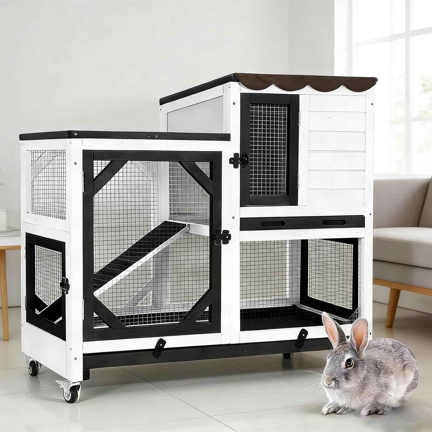 Rabbit Hutch Indoor Outdoor, 2-Story Bunny Cage with Wheels, Wooden Rabbit House with Leakproof Trays, Rain Cover, Guinea Pig Cages with Chew-Proof Ramp (White)