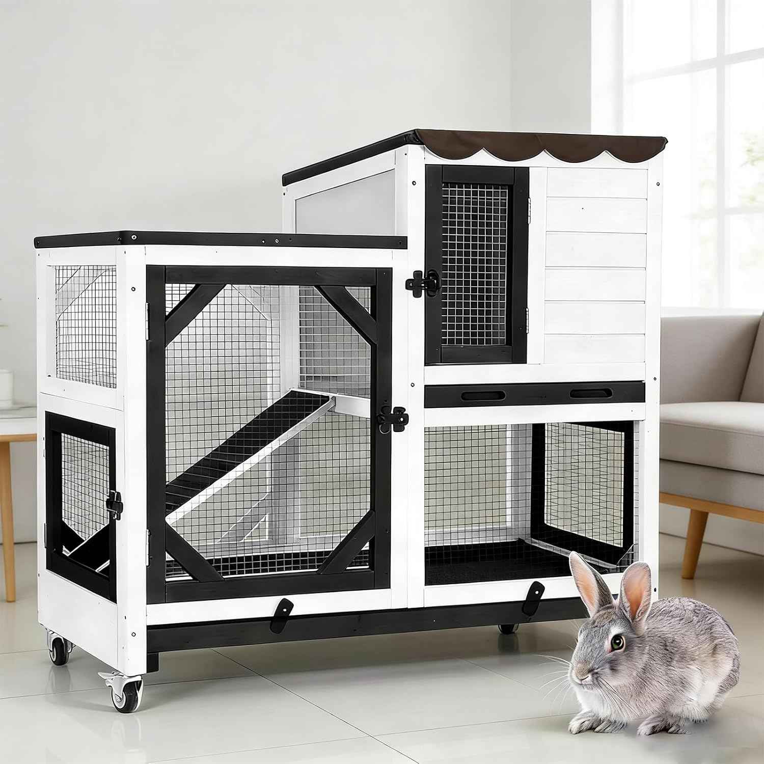 Rabbit Hutch Indoor Outdoor, 2-Story Bunny Cage with Wheels, Wooden Rabbit House with Leakproof Trays, Rain Cover, Guinea Pig Cages with Chew-Proof Ramp (White)