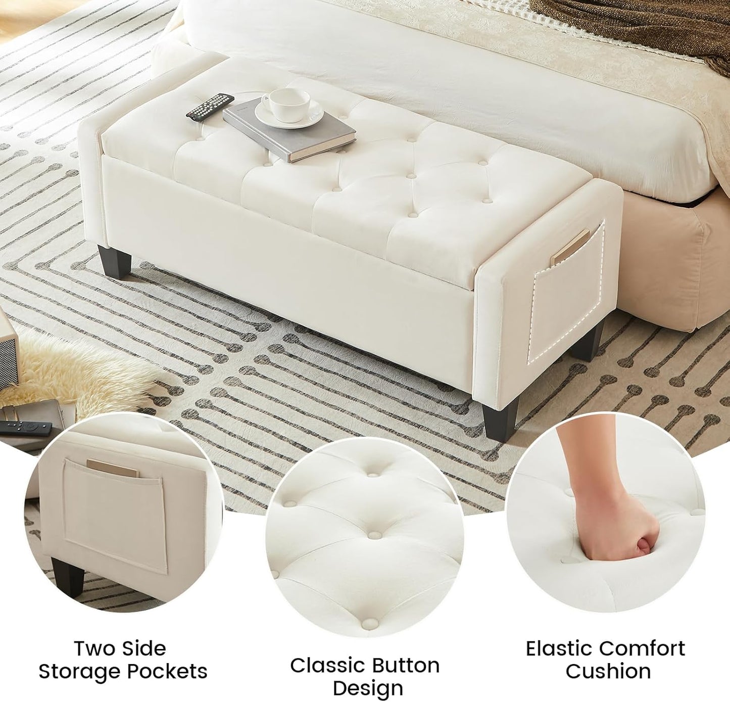Velvet Storage Ottoman Bench for Bedroom, End of Bed Bench with Button, Side Storage Pockets, Organizer Storage Chest, Upholstered Foot Rest, Load up to 400 lb, for Living Room, Entryway, Beige