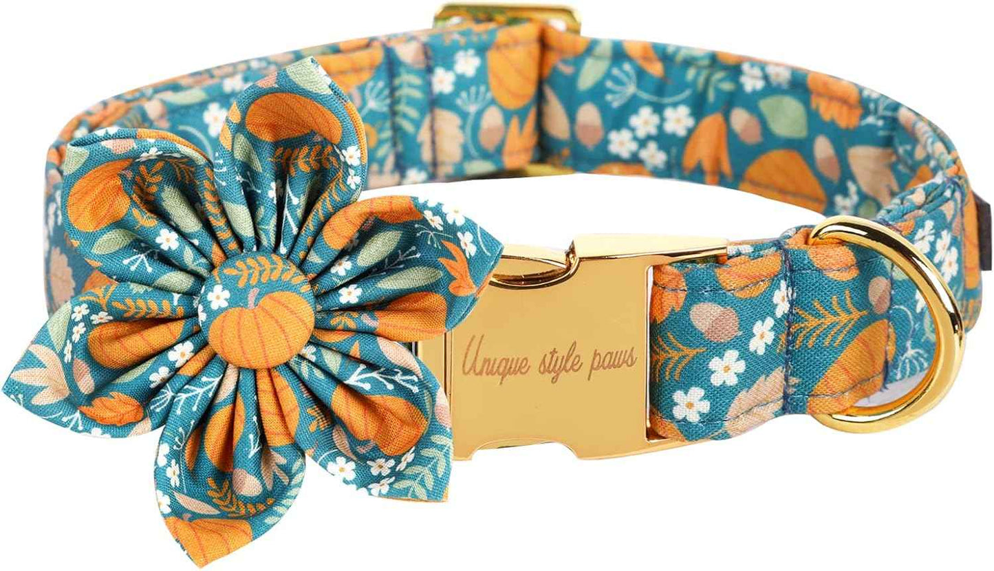 Unique style paws Halloween Dog Collar with Flower Tie Pumpkin Cotton Collar Adjustable Puppy Collar for Small Medium Large Dogs-L