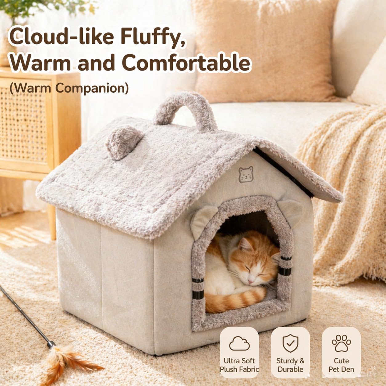 Cat Bed for Indoor Cats, Cartoon Pattern Cat Cave Bed with Handle Design, Soft Cat Hideaway Indoor, Lovely Cat House for Kitten, Puppy & Small Pets (M)