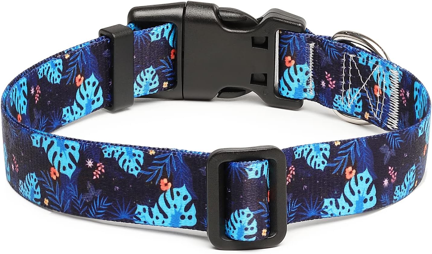 Mercano Adjustable Dog Collar - Special Design Patterns, Soft Nylon Comfortable Durable Pet Collar for Small Medium Large Dogs (S, Monstera)