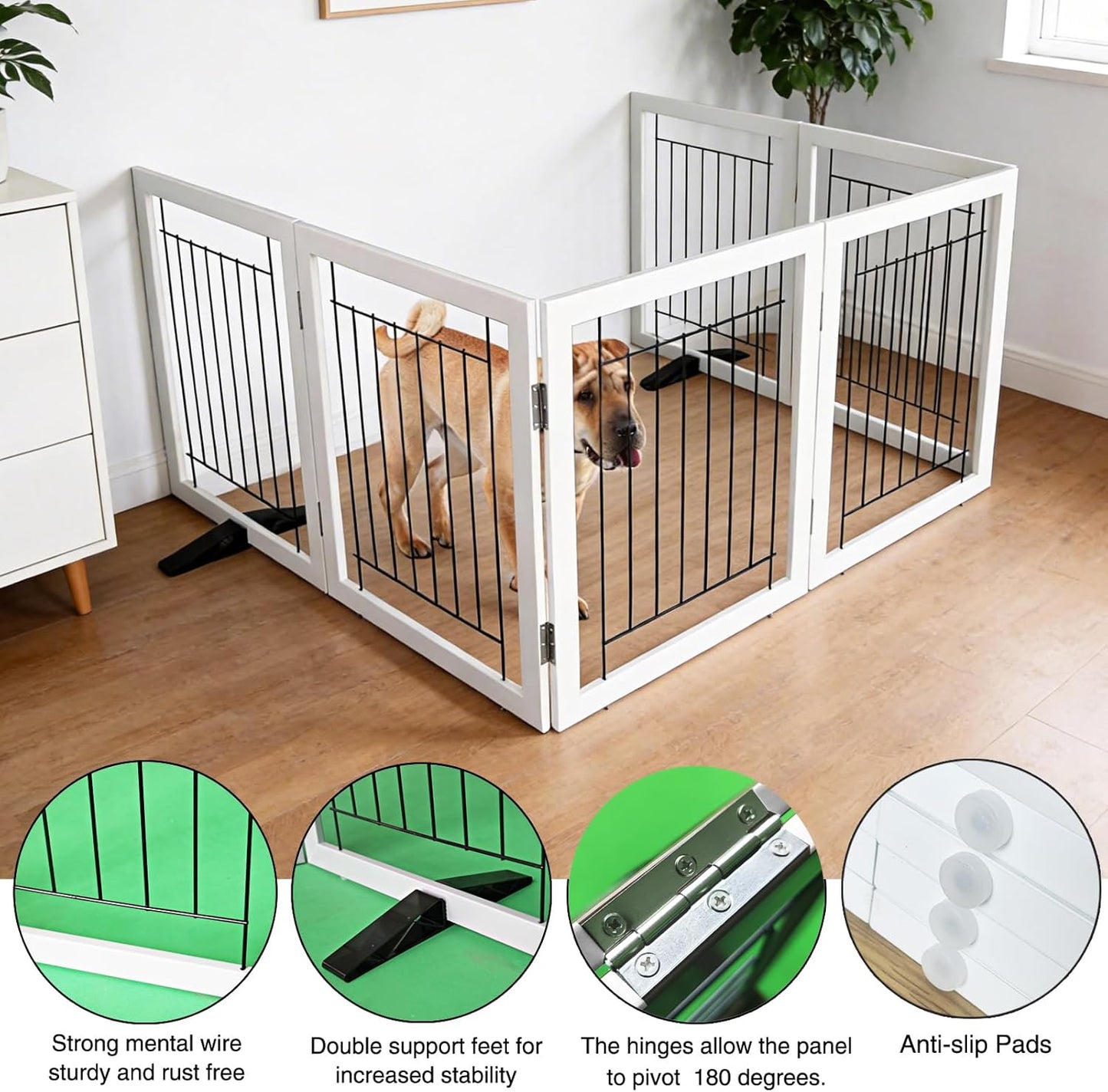ZJSF Freestanding Dog Gate Indoor, Foldable Dog Fence for Doorways,Hallways or Stairs, Sturdy Wood Extra Wide Pet Gate with Support Feet,White,32 "Height-6 Panels