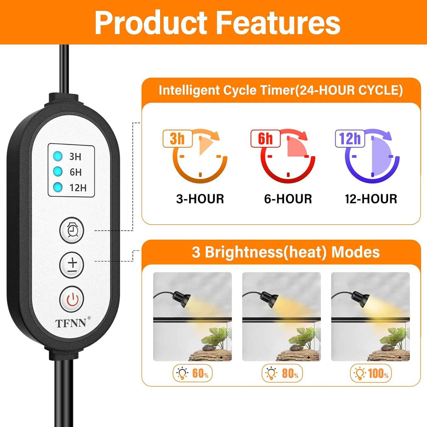 TFNN Reptile Heat Lamp, Heat Lamp with Clamp, UVA UVB Reptile Light with Intelligent Cycle Timer for Turtle, Bearded Dragon, Lizard and More, 2 Bulbs 50W+75W