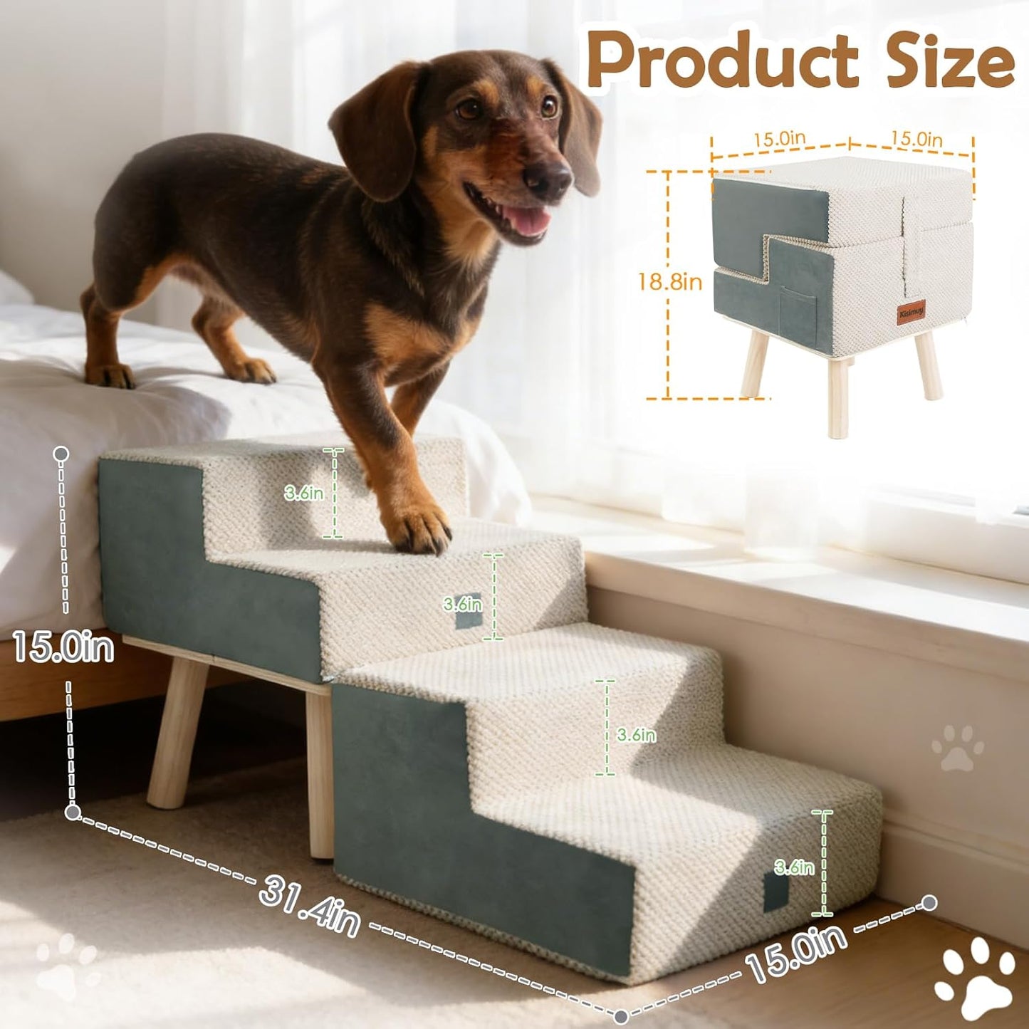 Dog Stairs for Small Dogs and Cats, 4-Step Dog Ramp for Couch and Bed, Foldable 2-in-1 Wooden Pet Steps for Puppy, Split Ottoman Design, Beige